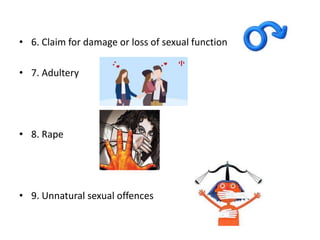 • 6. Claim for damage or loss of sexual function
• 7. Adultery
• 8. Rape
• 9. Unnatural sexual offences
 