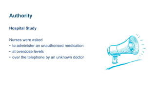 Authority
Hospital Study
Nurses were asked
• to administer an unauthorised medication
• at overdose levels
• over the telephone by an unknown doctor
 