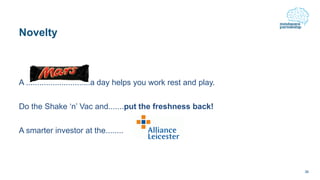 Novelty
A .............................a day helps you work rest and play.
Do the Shake ‘n’ Vac and.......put the freshness back!
A smarter investor at the........
36
 