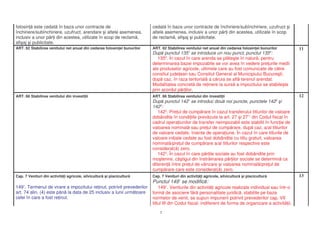 folosin este cedat în baza unor contracte de                              cedat în baza unor contracte de închiriere/subînchiriere, uzufruct i
închiriere/subînchiriere, uzufruct, arendare i altele asemenea,           altele asemenea, inclusiv a unor p r i din acestea, utilizate în scop
inclusiv a unor p r i din acestea, utilizate în scop de reclam ,          de reclam , afi aj i publicitate.
afi aj i publicitate.
ART. 62 Stabilirea venitului net anual din cedarea folosin ei bunurilor   ART. 62 Stabilirea venitului net anual din cedarea folosin ei bunurilor        11
                                                                          Dup punctul 1351 se introduce un nou punct, punctul 1352:
                                                                             1352. În cazul în care arenda se pl te te în natur , pentru
                                                                          determinarea bazei impozabile se vor avea în vedere pre urile medii
                                                                          ale produselor agricole, ultimele care au fost comunicate de c tre
                                                                          consiliul jude ean sau Consiliul General al Municipiului Bucure ti,
                                                                          dup caz, în raza teritorial a c ruia se afl terenul arendat.
                                                                          Modalitatea concret de re inere la surs a impozitului se stabile te
                                                                          prin acordul p r ilor.
ART. 66 Stabilirea venitului din investi ii                               ART. 66 Stabilirea venitului din investi ii                                    12
                                                                          Dup punctul 1421 se introduc dou noi puncte, punctele 1422 i
                                                                          1423:
                                                                             1422. Pre ul de cump rare în cazul transferului titlurilor de valoare
                                                                          dobândite în condi iile prev zute la art. 27 i 27^1 din Codul fiscal în
                                                                          cadrul opera iunilor de transfer neimpozabil este stabilit în func ie de
                                                                          valoarea nominal sau pre ul de cump rare, dup caz, a/al titlurilor
                                                                          de valoare cedate, înainte de opera iune. În cazul în care titlurile de
                                                                          valoare ini iale cedate au fost dobândite cu titlu gratuit, valoarea
                                                                          nominal /pre ul de cump rare a/al titlurilor respective este
                                                                          considerat( ) zero.
                                                                             1423. În cazul în care p r ile sociale au fost dobândite prin
                                                                          mo tenire, câ tigul din înstr inarea p r ilor sociale se determin ca
                                                                          diferen între pre ul de vânzare i valoarea nominal /pre ul de
                                                                          cump rare care este considerat( ) zero.
Cap. 7 Venituri din activit i agricole, silvicultur   i piscicultur       Cap. 7 Venituri din activit i agricole, silvicultur   i piscicultur            13
                                                                          Punctul 149 se modific :
                                                                                         1

149 . Termenul de virare a impozitului re inut, potrivit prevederilor
    1
                                                                              1491. Veniturile din activit i agricole realizate individual sau într-o
art. 74 alin. (4) este pân la data de 25 inclusiv a lunii urm toare       form de asociere f r personalitate juridic , stabilite pe baza
celei în care a fost re inut.                                             normelor de venit, se supun impunerii potrivit prevederilor cap. VII
                                                                          titlul III din Codul fiscal, indiferent de forma de organizare a activit ii.

                                                                              7
 
