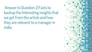 Answer to Question 2:Facts to
backup the Interesting insights that
we got from the article and how
they are relevent to a manager in
india:
 