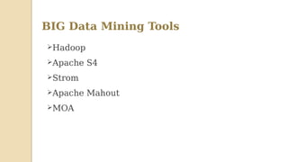 BIG Data Mining Tools
Hadoop
Apache S4
Strom
Apache Mahout
MOA
 