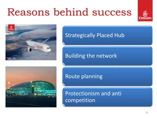 Reasons behind success
Strategically Placed Hub
Building the network
Route planning
Protectionism and anti
competition
6
 