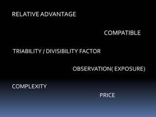 RELATIVEADVANTAGE
COMPATIBLE
TRIABILITY / DIVISIBILITY FACTOR
OBSERVATION( EXPOSURE)
COMPLEXITY
PRICE
 