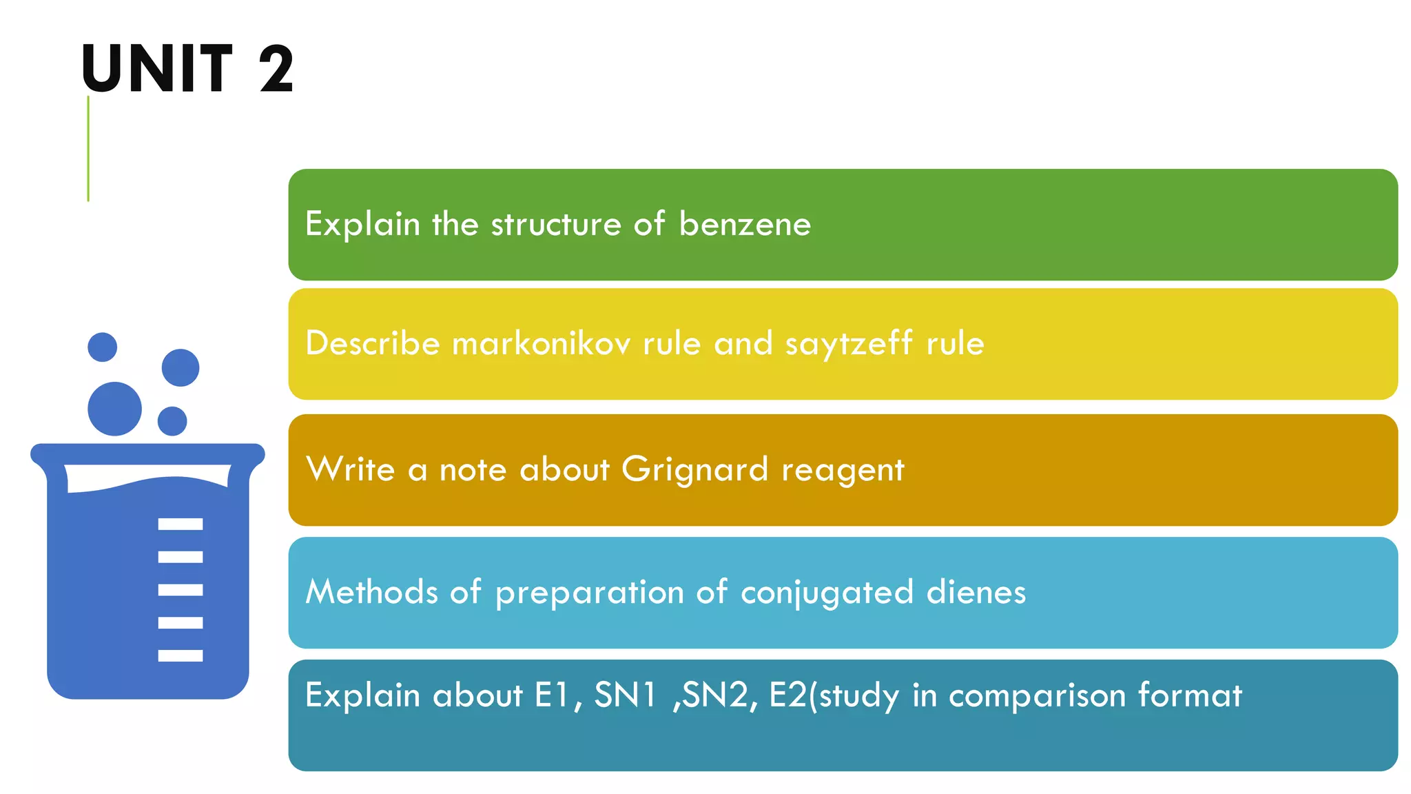 UNIT 2
Explain the structure of benzene
Describe markonikov rule and saytzeff rule
Write a note about Grignard reagent
Methods of preparation of conjugated dienes
Explain about E1, SN1 ,SN2, E2(study in comparison format
 