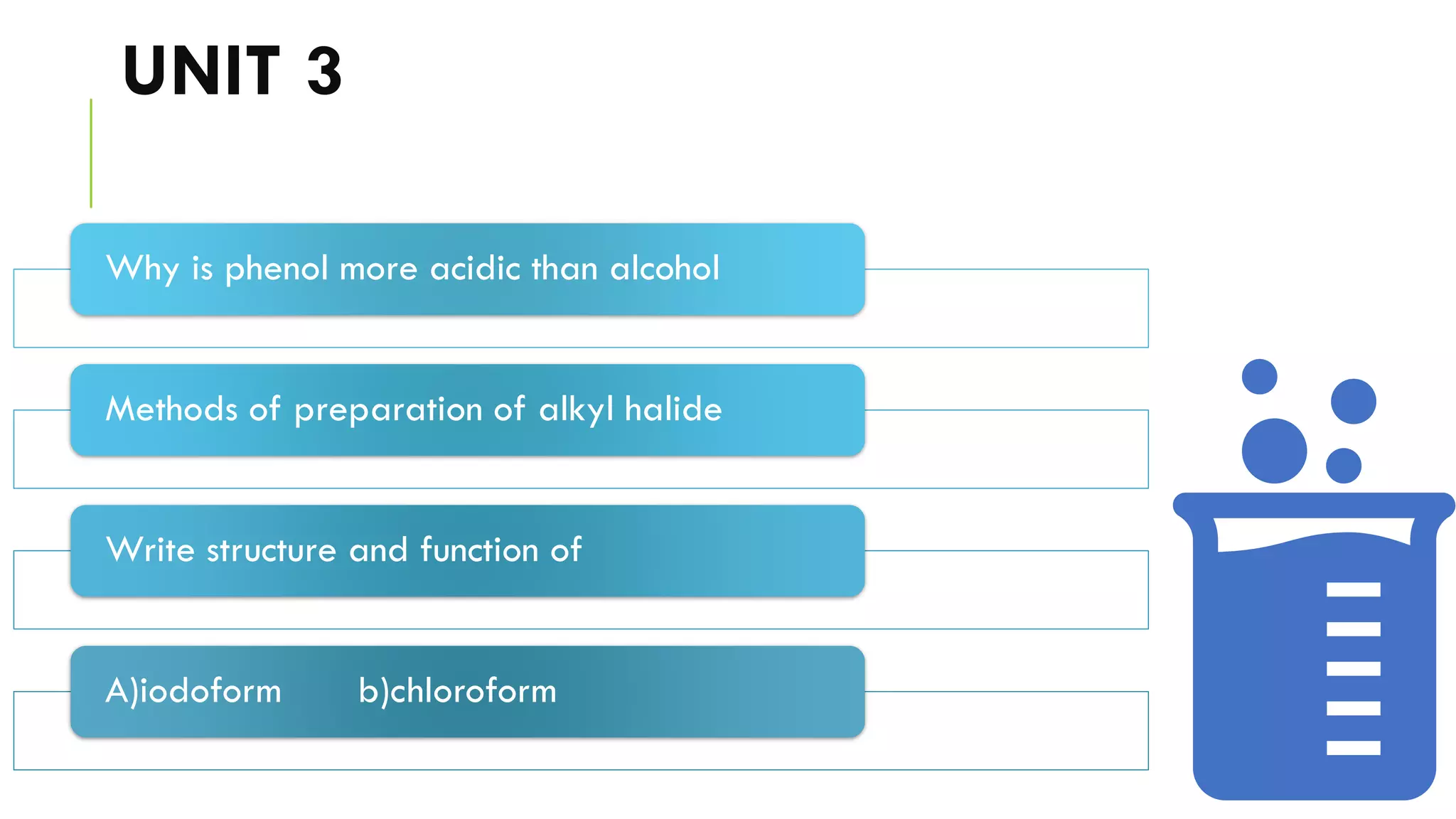 UNIT 3
Why is phenol more acidic than alcohol
Methods of preparation of alkyl halide
Write structure and function of
A)iodoform b)chloroform
 