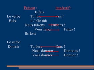 Présent :            Impératif :
                 Je fais
Le verbe     Tu fais          Fais !
 Faire       Il / elle fait
         Nous faisons       Faisons !
                 Vous faites        Faites !
         Ils font

Le verbe
Dormir         Tu dors       Dors !
                Nous dormons      Dormons !
                Vous dormez       Dormez !
 