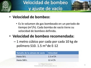 • Velocidad de bombeo:
• Es le volumen de gas bombeado en un periodo de
tiempo (m3/h). Cada bomba de vacío tiene su
velocidad de bombeo definida.

• Velocidad de bombeo recomendada:
– 1 metro cúbico por cada por cada 10 kg de
polímero S10. 1.5 m3 de E-12
Tamaño de la cámara de vacío

Velocidad

Hasta 50 L

1.5 m3/h

Hasta 500 L

12 m3/h
Luis Miguel Acevedo A.
lmacevedoa@medicina.udea.edu.co

11

 