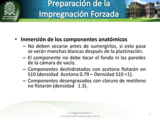 • Inmersión de los componentes anatómicos
– No deben secarse antes de sumergirlos, si esto pasa
se verán manchas blancas después de la plastinación.
– El componente no debe tocar el fondo ni las paredes
de la cámara de vacío.
– Componentes deshidratados con acetona flotarán en
S10 (densidad Acetona 0.79 – Densidad S10 =1).
– Componentes desengrasados con cloruro de metileno
no flotarán (densidad 1.3).

Luis Miguel Acevedo A.
lmacevedoa@medicina.udea.edu.co

7

 