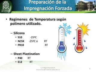 • Regímenes de Temperatura según
polímero utilizado.
– Silicona
• S10
• NCSX
• PR10

-25ºC
-25ºC ó

RT
RT

– Sheet Plastination
• P40
• E12

RT
RT
Luis Miguel Acevedo A.
lmacevedoa@medicina.udea.edu.co

8

 