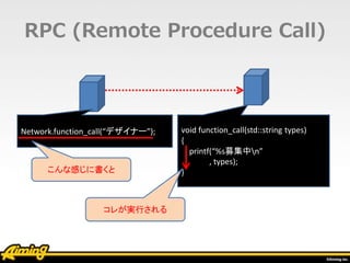 RPC (Remote Procedure Call)
Network.function_call(“デザイナー”); void function_call(std::string types)
{
printf(“%s募集中n”
, types);
}こんな感じに書くと
コレが実行される
 