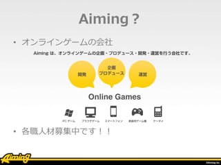 Aiming？
• オンラインゲームの会社
• 各職人材募集中です！！
 