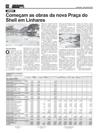 10                                                                                                                                         Guarapari - ES, abril de 2012


  LINHARES

Começam as obras da nova Praça do
Shell em Linhares
                                                                   liários que a iniciativa privada    bairro que reivindicaram o anti-    pessoas que visitam a praça,
                                                                   constrói na região e que am-        go sonho de ver, naquele local,     fazendo com que esse espaço
                                                                   pliam a vocação do Shell para       uma nova praça.                     se transforme em um ponto de
                                                                   uma nova área de investimen-           “Estou feliz e satisfeito com    referência para a comunidade
                                                                   tos nesse e em outros setores.      o empenho do Prefeito Guerino       daqui e toda a região. Estamos
                                                                       O projeto da praça é com-       Zanon em concretizar esse so-       dotando a cidade de obras e
                                                                   posto de ginásio poliesportivo      nho dos moradores. Assim que        equipamentos públicos coleti-
                                                                   coberto, anﬁteatro, playground,                                                  vos com foco no lazer
                                                                   lanchonete, campo de bocha,                                                      e na promoção social”,
                                                                   guarita e área de ginástica. A                                                   destacou Bianchi.
                                                                   previsão é que o novo espaço de                                                     Para o presidente da
                                                                   convívio coletivo seja entregue                                                  Associação de Morado-
                                                                   no prazo de 210 dias.                                                            res do bairro, Antônio
                                                                       “Nosso objetivo é propor-                                                    Carlos dos Santos, a
                                                                   cionar mais locais de convívio,                                                  nova praça é um antigo
                                                                   de integração das famílias, es-                                                  sonho da comunidade
                                                                   timular a prática de atividades                                                  que vai se transformar
                                                                   físicas, além de ampliar as áreas                                                em realidade. “Há
                                 diferenciado com uma mistura      verdes de nossa cidade. Essas                                                    anos esperamos por
Sucursal Vitória
                                 harmoniosa de cores e muita       ações resultam na melhoria da       os moradores me procuraram,         um local de lazer e socialização
       s moradores do bair-      natureza com amplos jardins       qualidade de vida das pesso-        empenhei-me em solicitar essa       dos moradores. Com certeza,

O      ro Shell e região, que
       passam pela Avenida
Cachoeiro do Itapemirim e
                                 aliados a múltiplos ambientes
                                 de convivência coletiva. O com-
                                 plexo de entretenimento vai
                                                                   as”, aﬁrma o Prefeito Guerino
                                                                   Zanon.
                                                                       De acordo com o projeto ar-
                                                                                                       demanda ao Executivo. Estão
                                                                                                       todos muito satisfeitos com o re-
                                                                                                       sultado dessa parceria”, destaca
                                                                                                                                           vamos ter mais lazer, esporte e
                                                                                                                                           qualidade de vida”, ressaltou
                                                                                                                                           Antônio Carlos.
adjacências, observam uma        abrigar uma área de 6.090,32m².   quitetônico, a praça do bairro      o vereador.                             A construção da nova pra-
rotina movimentada todos         São investidos R$ 2.581.822,65    Shell terá gramado, calçamento,         O objetivo da nova área de      ça do bairro Shell faz parte do
os dias bem cedinho. É que a     com recursos da Prefeitura. A     iluminação, bancos e lixeiras. O    lazer, conforme o Secretário        Programa de Governo da admi-
Prefeitura de Linhares iniciou   Construtora Sandre Ltda. é a      local contará, ainda, com aces-     Municipal de Obras, João Cle-       nistração “O Futuro Acontece
a construção da nova praça do    responsável pela obra ao vencer   sos para portadores de necessi-     ber Bianchi, é oferecer aos mo-     Aqui”, que contempla ações de
bairro. Uma obra que está em     o processo licitatório.           dades especiais.                    radores do Shell e região um        todas as secretarias com foco
ritmo acelerado e que vai mu-        A intervenção urbanísti-          Quem também comemora o          espaço adequado para a reali-       nas comunidades que participa-
dar o cenário urbano e paisa-    ca vai, ainda, contribuir para    início da construção da praça é     zação de atividades esportivas,     ram ativamente na construção
gístico da região.               o franco desenvolvimento do       o vereador Urbano D’Ávila. As-      sociais, culturais e de lazer.      do Plano.
    A nova praça tem um pro-     bairro que passou a receber vá-   sim que assumiu o cargo, ele foi        “A ideia é oferecer mais            Fonte: Assessoria da PML
jeto arquitetônico arrojado e    rios empreendimentos imobi-       procurado pelos moradores do        opções de entretenimento às             Fotos: Márcio Guidolini
 