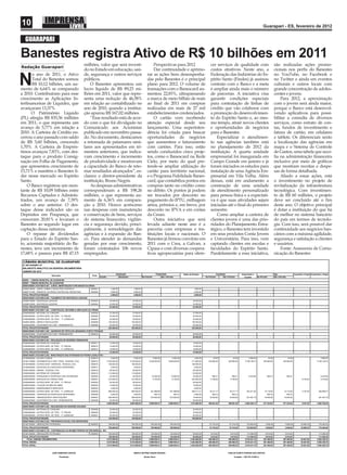 10                                                                                                                                                                                                                                                                Guarapari - ES, fevereiro de 2012


   GUARAPARI

Banestes registra Ativo de R$ 10 bilhões em 2011
                                                            milhões, valor que será investi-                                          Perspectivas para 2012                                          cer serviços de qualidade com                                                são realizadas ações promo-
Redação Guarapari
                                                            do no Estado em educação, saú-                                            Dar continuidade e aprimo-                                      custos atrativos. Neste ano, a                                               cionais nos perﬁs do Banestes
       o ano de 2011, o Ativo                               de, segurança e outros serviços                                       rar as ações bem desempenha-                                        Federação das Indústrias do Es-                                              no YouTube, no Facebook e

N      Total do Banestes somou
       R$ 10,12 bilhões, um au-
mento de 6,64% se comparado
                                                            públicos.
                                                                O Banestes apresentou um
                                                            lucro líquido de R$ 89,23 mi-
                                                                                                                                  das pelo Banestes é o principal
                                                                                                                                  plano para 2012. O volume de
                                                                                                                                  transações com o Banescard au-
                                                                                                                                                                                                      pírito Santo (Findes) já assinou
                                                                                                                                                                                                      contrato com o Banco e a meta
                                                                                                                                                                                                      é ampliar ainda mais o número
                                                                                                                                                                                                                                                                                   no Twitter e ainda em eventos
                                                                                                                                                                                                                                                                                   culturais e outros locais com
                                                                                                                                                                                                                                                                                   grande concentração de adoles-
a 2010. Contribuíram para esse                              lhões em 2011, valor que repre-                                       mentou 22,83%, ultrapassando                                        de parcerias. A iniciativa visa                                              centes e jovens.
crescimento as Aplicações In-                               senta uma redução de 46,58%                                           a marca de meio bilhão de reais                                     garantir condições especiais                                                     Para 2012, a aproximação
terﬁnanceiras de Liquidez, que                              em relação ao contabilizado no                                        ao ﬁnal de 2011 em compras                                          para contratação de linhas de                                                com o jovem será ainda maior,
avançaram 13,37%.                                           ano de 2010, quando a institui-                                       realizadas em mais de 27 mil                                        crédito que vão colaborar com                                                porque o Banco está desenvol-
      O Patrimônio Líquido                                  ção apurou R$ 167,02 milhões.                                         estabelecimentos credenciados.                                      a promoção do desenvolvimen-                                                 vendo aplicativos para possi-
(PL) atingiu R$ 835,56 milhões                                  “Esse resultado está de acor-                                         O cartão vem recebendo                                          to do Espírito Santo e, ao mes-                                              bilitar a consulta de diversos
em 2011, o que representa um                                do com o que foi divulgado no                                         atenção especial desde seu                                          mo tempo, atrair novos clientes                                              serviços, como extrato de con-
avanço de 5,77% em relação a                                Comunicado aos Acionistas                                             lançamento. Uma superinten-                                         e oportunidades de negócios                                                  tas, fundos de investimento e
2010. A Carteira de Crédito en-                             publicado em novembro passa-                                          dência foi criada para buscar                                       para o Banestes.                                                             fatura de cartão, em celulares
cerrou o ano passado com saldo                              do. No documento, destacamos                                          oportunidades de negócios                                               Especializar o atendimen-                                                e tablets. Os diferenciais serão
de R$ 3,60 bilhões, crescendo                               a retomada de patamares simi-                                         que aumentem o faturamento                                          to nas agências também está                                                  a localização das agências em
1,70%. A Carteira de Emprés-                                lares aos apresentados em tri-                                        com cartões. Para isso, estão                                       no planejamento de 2012 da                                                   mapa e o Sistema de Controle
timos avançou 7,83%, com des-                               mestres anteriores, que indica-                                       sendo conduzidos cinco proje-                                       instituição. A quarta unidade                                                de Gastos, uma tabela que auxi-
taque para o produto Consig-                                vam crescimento e incremento                                          tos, como o Banescard na Rede                                       empresarial foi inaugurada em                                                lia na administração ﬁnanceira
nação em Folha de Pagamento,                                de produtividade e mostravam                                          Cielo, por meio do qual pre-                                        Campo Grande em janeiro e já                                                 inclusive por meio de gráﬁcos
que apresentou crescimento de                               a capacidade do Banco de reto-                                        tende-se ampliar utilização do                                      foram iniciados os estudos para                                              que mostram receitas e despe-
15,71% e mantém o Banestes lí-                              mar resultados alcançados”, es-                                       cartão para território nacional;                                    instalação de uma Agência Em-                                                sas de forma detalhada.
der nesse mercado no Espírito                               clarece o diretor-presidente da                                       e o Programa Fidelidade Banes-                                      presarial em Vila Velha. Além                                                    Aliado a essas ações, está
Santo.                                                      instituição, Bruno Negris.                                            card, que contabiliza pontos em                                     dessas, está em andamento a                                                  o investimento no projeto de
    O Banco registrou um mon-                                   As despesas administrativas                                       compras tanto no crédito como                                       construção de uma unidade                                                    revitalização da infraestrutura
tante de R$ 10,09 bilhões entre                             corresponderam a R$ 198,26                                            no débito. Os pontos já podem                                       de atendimento personalizado                                                 tecnológica. Com investimen-
Recursos Captados e Adminis-                                milhões, o que representa au-                                         ser trocados por desconto no                                        para pessoa física e a expectati-                                            to de R$ 60 milhões, o projeto
trados, um avanço de 7,39%                                  mento de 6,36% em compara-                                            pagamento do IPTU, milhagem                                         va é que suas atividades sejam                                               deve ser concluído até o ﬁm
sobre o ano anterior. O des-                                ção a 2010. Houve acréscimo                                           aérea, prêmios e, em breve, por                                     iniciadas até o ﬁnal do primeiro                                             deste ano. O objetivo principal
taque desse indicador são os                                nas despesas com manutenção                                           desconto no IPVA e em contas                                        semestre.                                                                    é dotar a instituição do que há
Depósitos em Poupança, que                                  e conservação de bens, serviços                                       da Cesan.                                                               Como ampliar a carteira de                                               de melhor no sistema bancário
cresceram 20,81% e levaram o                                do sistema ﬁnanceiro, vigilân-                                            Outra iniciativa que será                                       clientes jovens é uma das prio-                                              do país em termos de tecnolo-
Banestes ao segundo lugar em                                cia e segurança devido, princi-                                       levada adiante neste ano é a                                        ridades do Planejamento Estra-                                               gia. Com isso, será possível dar
captação dessa natureza.                                    palmente, à remodelagem das                                           parceria com empresas e ins-                                        tégico, o Banestes tem investido                                             continuidade aos negócios ban-
    O repasse de dividendos                                 agências e à expansão do Ban-                                         tituições locais e nacionais. O                                     em seus produtos Conta Jovem                                                 cários com a máxima agilidade,
para o Estado do Espírito San-                              co. Para atender às demandas                                          Banestes já ﬁrmou convênio em                                       e Universitária. Para isso, vem                                              segurança e satisfação a clientes
to, acionista majoritário do Ba-                            geradas por esse crescimento,                                         2011 com o Crea, a Galvan, a                                        captando clientes em escolas e                                               e usuários.
nestes, teve um incremento de                               foram contratados 106 novos                                           Cipasa e com diversas coopera-                                      faculdades do Espírito Santo.                                                    Fonte: Assessoria de Comu-
17,68% e passou para R$ 47,15                               empregados.                                                           tivas agropecuárias para ofere-                                     Paralelamente a essa iniciativa,                                             nicação do Banestes
 CÂMARA MUNICIPAL DE GUARAPARI
 27.467.844/0001-01
 BALANCETE ANALÍTICO DA DESPESA ORÇAMENTÁRIA
 JANEIRO DE 2012
                                                                                               Atualização                                     Empenhado                    Saldo da Dotação                   Liquidação                  Empenhado a                            Pago                      Liquidado a Pagar Empenhado a Pagar
                              Descrição                             Ficha
                                                                             Orçado               Atualizado                  No Período           Até o Período                                  No Período           Até o Período         Liquidar        No Período            Até o Período
 000001 - CÂMARA MUNICIPAL DE GUARAPARI
 000001 - CÂMARA MUNICIPAL DE GUARAPARI
 000001000001.0103100010.001 - JUROS, AMORTIZAÇÃO E ENCARGOS DA DÍVIDA
 332902100000 - JUROS SOBRE A DÍVIDA POR CONTRATO                  0000001                1.900,00                 1.900,00                                                            1.900,00
 346907101000 - PRINCIPAL DA DÍVIDA CONTRATUAL RESGATADA           0000002                2.600,00                 2.600,00                                                            2.600,00
 TOTAL PROJETO/ATIVIDADE:                                                                4.500,00                 4.500,00                      -                     -               4.500,00              -                          -               -                    -                         -                  -                  -
 000001000001.0103100010.002 - PAGAMENTO DE SENTENÇAS JUDICIAIS
 333909100000 - SENTENÇAS JUDICIAIS                                0000003              30.000,00                30.000,00                                                           30.000,00
 333909100000 - SENTENÇAS JUDICIAIS                                0000004              33.000,00                33.000,00                                                           33.000,00
 TOTAL PROJETO/ATIVIDADE:                                                               63.000,00                63.000,00                      -                     -              63.000,00              -                          -               -                    -                         -                  -                  -
 000001000001.0103100011.001 - CONSTRUÇÃO, REFORMA E AMPLIAÇÃO DO PRÉDIO
 333903000000 - MATERIAL DE CONSUMO                                0000005              37.000,00                37.000,00                                                           37.000,00
 333903600000 - OUTROS SERV. DE TERC. - P. FÍSICAS                 0000006              30.000,00                30.000,00                                                           30.000,00
 333903900000 - OUTROS SERV. DE TERC. - P. JURÍDICAS               0000007              30.000,00                30.000,00                                                           30.000,00
 344905100000 - OBRAS E INSTALAÇÕES                                0000008             105.000,00               105.000,00                                                          105.000,00
 344905200000 - EQUIPAMENTOS E MAT. PERMANENTES                    0000009              50.000,00                50.000,00                                                           50.000,00
 TOTAL PROJETO/ATIVIDADE:                                                              252.000,00               252.000,00                      -                     -             252.000,00              -                          -               -                    -                         -                  -                  -
 000001000001.0103100011.002 - AQUISIÇÃO DE VEÍCULOS, MÁQUINAS LEVES E PESADAS
 344905200000 - EQUIPAMENTOS E MAT. PERMANENTES                    0000010              60.000,00                60.000,00                                                           60.000,00
 TOTAL PROJETO/ATIVIDADE:                                                               60.000,00                60.000,00                      -                     -              60.000,00              -                          -               -                    -                         -                  -                  -
 000001000001.0103100012.001 - REALIZAÇÃO DE SESSÕES ITINERANTES
 333903000000 - MATERIAIS DE CONSUMO                               0000011              15.000,00                15.000,00                                                           15.000,00
 333903600000 - OUTROS SERV. DE TERC. - P. FISICAS                 0000012              10.000,00                10.000,00                                                           10.000,00
 333903900000 - OUTROS SERV. DE TERC. - P. JURÍDICAS               0000013              18.000,00                18.000,00                                                           18.000,00
 TOTAL PROJETO/ATIVIDADE:                                                               43.000,00                43.000,00                      -                     -              43.000,00              -                          -               -                    -                         -                  -                  -
 000001000001.0103100012.002 - MANUTENÇÃO DAS ATIVIDADES DO PODER LEGISLATIVO
 331900900000 - SALÁRIO-FAMÍLIA                                    0000014                4.500,00                 4.500,00                3.000,00            3.000,00                1.500,00          44,00                   44,00            2.956,00                44,00                     44,00                              2.956,00
 331901100000 - VENCIMENTOS E VANT. FIXAS - PESSOAL CIVIL          0000015            4.750.000,00             4.750.000,00         4.538.200,00           4.538.200,00             211.800,00      342.060,26              342.060,26        4.196.139,74         342.060,26               342.060,26                             4.196.139,74
 331901600000 - OUTRAS DESP. VARIÁVEIS - PESSOAL CIVIL             0000016             190.000,00               190.000,00                                                          190.000,00
 331909200000 - DESPESAS DE EXERCICIOS ANTERIORES                  0000017                5.000,00                5.000,00                                                            5.000,00
 333901400000 - DIARIAS - PESSOAL CIVIL                            0000018              85.000,00                85.000,00                                                           85.000,00
 333903000000 - MATERIAIS DE CONSUMO                               0000019             110.000,00               110.000,00                                                          110.000,00
 333903300000 - PASSAGENS E DESPESAS COM LOCOMOÇÃO                 0000020              40.000,00                40.000,00             10.000,00             10.000,00               30.000,00          566,31                  566,31           9.433,69             566,31                       566,31                              9.433,69
 333903500000 - SERVIÇOS DE CONSULTORIA                            0000021             410.000,00               410.000,00                 6.150,00            6.150,00             403.850,00         6.150,00                6.150,00                                                                             6.150,00           6.150,00
 333903600000 - OUTROS SERV. DE TERC. - P. FÍSICAS                 0000022              50.000,00                50.000,00                                                           50.000,00
 333903700000 - LOCAÇÃO DE MÃO-DE-OBRA                             0000023              10.000,00                10.000,00                                                           10.000,00
 333903800000 - ARRENDAMENTO MERCANTIL                             0000024                5.000,00                 5.000,00                                                           5.000,00
 333903900000 - OUTROS SERV. DE TERC. - P. JURIDICAS               0000025             890.000,00               890.000,00            241.688,69            241.688,69              648.311,31       18.317,17               18.317,17         223.371,52           15.119,92                 15.119,92             3.197,25         226.568,77
 333909200000 - DESPESAS DE EXERCICIOS ANTERIORES                  0000026                5.000,00                5.000,00                  900,72                 900,72             4.099,28          900,72                  900,72                                900,72                       900,72
 333909300000 - INDENIZAÇÕES E RESTITUIÇÕES                        0000027             280.000,00               280.000,00            270.000,00            270.000,00               10.000,00       18.542,82               18.542,82         251.457,18           18.542,82                 18.542,82                              251.457,18
 344905200000 - EQUIPAMENTOS E MAT. PERMANENTES                    0000028              50.000,00                50.000,00                                                           50.000,00
 TOTAL PROJETO/ATIVIDADE:                                                             6.884.500,00             6.884.500,00         5.069.939,41           5.069.939,41            1.814.560,59     386.581,28              386.581,28        4.683.358,13         377.234,03               377.234,03              9.347,25       4.692.705,38
 000001000001.0103100012.003 - REALIZAÇÕES DE SESSÕES SOLENES
 333903000000 - MATERIAIS DE CONSUMO                               0000029              20.000,00                20.000,00                                                           20.000,00
 333903600000 - OUTROS SERV. DE TERC. - P. FÍSICAS                 0000030              25.000,00                25.000,00                                                           25.000,00
 333903900000 - OUTROS SERV. DE TERC. - P. JURIDICAS               0000031              60.000,00                60.000,00                                                           60.000,00
 TOTAL PROJETO/ATIVIDADE:                                                              105.000,00               105.000,00                      -                     -             105.000,00              -                          -               -                    -                         -                  -                  -
 000001000001.0103100012.004 - PREVIDENCIA SOCIAL DOS SERVIDORES
 331901300000 - OBRIGAÇÕES PATRONAIS                               0000032             780.000,00               780.000,00            780.000,00            780.000,00                      -        57.316,35               57.316,35         722.683,65            3.636,00                  3.636,00            53.680,35         776.364,00
 TOTAL PROJETO/ATIVIDADE:                                                              780.000,00               780.000,00            780.000,00            780.000,00                      -        57.316,35               57.316,35         722.683,65            3.636,00                  3.636,00            53.680,35         776.364,00
 000001000001.0103100012.125 - CONTRIBUIÇÃO AO REGIME PRÓPRIO DE PREVIDÊNCIA - IPG
 331901300000 - OBRIGAÇÕES PATRONAIS                               0000033             180.000,00               180.000,00            120.000,00            120.000,00               60.000,00         6.610,62                6.610,62        113.389,38            6.610,62                  6.610,62                              113.389,38
 TOTAL PROJETO/ATIVIDADE:                                                               180.000,00               180.000,00           120.000,00             120.000,00               60.000,00       6.610,62                6.610,62          113.389,38           6.610,62                 6.610,62                   -           113.389,38
    TOTAL UNIDADE ORÇAMENTÁRIA                                                        8.372.000,00             8.372.000,00         5.969.939,41           5.969.939,41            2.402.060,59     450.508,25              450.508,25        5.519.431,16         387.480,65               387.480,65             63.027,60       5.582.458,76
 TOTAL ÓRGÃO:                                                                         8.372.000,00             8.372.000,00         5.969.939,41           5.969.939,41            2.402.060,59     450.508,25              450.508,25        5.519.431,16         387.480,65               387.480,65             63.027,60       5.582.458,76
 TOTAL GERAL:                                                                         8.372.000,00             8.372.000,00         5.969.939,41           5.969.939,41            2.402.060,59     450.508,25              450.508,25        5.519.431,16         387.480,65               387.480,65             63.027,60       5.582.458,76



                               JOSÉ RAIMUNDO DANTAS                                                                MARCO ANTÔNIO NADER BORGES                                                                               CARLOS EURICO PEREIRA DOS SANTOS

                                      Presidente                                                                               Diretor Geral                                                                                      Contador - CRC-ES 3749/O-3
 