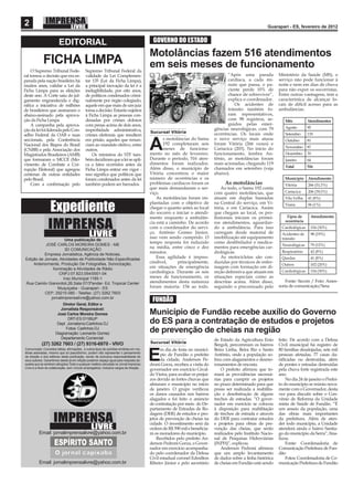 2                                                                                                                                                          Guarapari - ES, fevereiro de 2012


                         EDITORIAL                                                          GOVERNO DO ESTADO

                                                                                          Motolâncias fazem 516 atendimentos
             FICHA LIMPA                                                                  em seis meses de funcionamento
    O Supremo Tribunal Fede-                 Supremo Tribunal Federal da
ral tomou a decisão que era es-              validade da Lei Complemen-                                                               “Após uma parada            Ministério da Saúde (MS), o
perada pela nação brasileira há              tar 135 (Lei da Ficha Limpa),                                                            cardíaca, a cada mi-        serviço não pode funcionar à
muitos anos, validar a Lei da                a principal inovação da lei é a                                                          nuto que passa, o pa-       noite e nem em dias de chuva
Ficha Limpa para as eleições                 inelegibilidade, por oito anos,                                                          ciente perde 10% de         para não expor os socorristas.
deste ano. A Corte saiu do jul-              de políticos condenados crimi-                                                           chance de sobreviver”,      Entre outras vantagens, tem a
gamento engrandecida e dig-                  nalmente por órgão colegiado,                                                            explica o coordenador.      característica de alcançar lo-
niﬁca a iniciativa de milhões                aquele em que mais de um juiz                                                               Os acidentes de          cais de difícil acesso para as
de brasileiros que assinaram o               toma a decisão. Estarão sujeitos                                                         trânsito também fo-         ambulâncias.
abaixo-assinado pela aprova-                 à Ficha Limpa as pessoas con-                                                            ram representativos,
ção da Ficha Limpa                           denadas por crimes dolosos                                                               com 98 registros, se-          Mês           Atendimentos
    A campanha pela aprova-                  com penas acima de dois anos,                                                            guidos pelas emer-
                                                                                                                               gências neurológicas, com 79          Agosto        95
ção da lei foi liderada pelo Con-            improbidade administrativa,                  Sucursal Vitória
selho Federal da OAB e suas                  crimes eleitorais que resultem                                                    ocorrências. Os locais onde           Setembro      119
                                                                                                 s motolâncias do Samu         o novo serviço mais atuou
seccionais, pela Conferência
Nacional dos Bispos do Brasil
(CNBB) e pela Associação dos
Magistrados Brasileiros (AMB)
                                             em prisão, aqueles que renun-
                                             ciam ao mandato eletivo, entre
                                             outros.
                                                 Os ministros do STF tam-
                                                                                          A      192 completaram seis
                                                                                                 meses de funciona-
                                                                                          mento no mês de fevereiro.
                                                                                                                               foram Vitória (266 vezes) e
                                                                                                                               Cariacica (203). No início do
                                                                                                                               funcionamento, lembra An-
                                                                                                                                                                     Outubro
                                                                                                                                                                     Novembro 87
                                                                                                                                                                     Dezembro
                                                                                                                                                                                   81


                                                                                                                                                                                   70
que formaram o MCCE (Mo-                     bém decidiram que a lei se apli-             Durante o período, 516 aten-         tônio, as motolâncias foram           Janeiro       64
vimento de Combate a Cor-                    ca a fatos ocorridos antes da                dimentos foram realizados.           mais acionadas, chegando 119
                                                                                          Além disso, o município de           chamados em setembro (veja            Total         516
rupção Eleitoral) que agregou                Ficha Limpa entrar em vigor -
centenas de outras entidades                 isso signiﬁca que políticos que              Vitória concentrou o maior           abaixo).
pelo Brasil.                                 foram condenados antes da lei                número de ocorrências e os                                                 Município     Atendimento
    Com a conﬁrmação pelo                    também podem ser barrados.                   problemas cardíacos foram os              As motolâncias                   Vitória       266 (51,5%)
                                                                                          que mais demandaram o ser-               Ao todo, o Samu 192 conta
                                                                                          viço.                                com quatro motolâncias, que           Cariacica     206 (39,5%)
                                                                                              As motolâncias foram im-         atuam em duplas baseadas              Vila Velha    41 (8%)


                   Expediente
                                                                                          plantadas com o objetivo de          na Central do serviço, em Vi-         Viana         06 (1%)
                                                                                          chegar o quanto antes ao local       tória, e em Cariacica. Assim
                                                                                          do socorro e iniciar o atendi-       que chegam ao local, os pro-
                                                                                          mento enquanto a ambulân-            ﬁssionais iniciam os primei-           Tipos de      Atendimento
                                                                                          cia está a caminho. De acordo        ros atendimentos, aguardan-           ocorrência
                                                                                          com o coordenador do servi-          do a ambulância. Para isso          Cardiológicas    154 (30%)
                                                                                          ço, Antônio Gomes Júnior,            carregam desde material de          Acidentes de     98 (19%)
                                                                                          isso vem sendo cumprido. O           imobilização até equipamento        trânsito
                      Uma publicação de
                                                                                          tempo resposta foi reduzido          como desﬁbrilador e medica-
           JOSÉ CARLOS MOREIRA GOMES - ME                                                                                                                          Neurológicas     79 (15%)
                      3D COMUNICAÇÃO
                                                                                          na média, entre cinco e dez          mentos para emergências car-
                                                                                          minutos.                             diológicas.                         Respiratório     42 (8%)
          Empresa Jornalistica, Agência de Noticias,
Edição de Jornais, Atividades de Publicidade Não Especiﬁcadas
                                                                                              Essa agilidade é impres-             As motocicletas são con-        Quedas           41 (8%)
                                                                                          cindível,      principalmente,       duzidas por técnicos de enfer-
    Anteriormente, Produção De Fotograﬁas, Sonorização,                                                                                                            Outros           102 (20%)
               Iluminação e Atividades de Rádio                                           em situações de emergência           magem com formação em di-
                                                                                          cardiológica. Durante os seis        reção defensiva que atuam em        Cardiológicas    154 (30%)
                   CNPJ:07.823.054/0001-04
                     Insc.Municipal 1185-1                                                meses de funcionamento, os           situações especiais como as
Rua Camilo Gianordoli,26,Sala 07/3ºandar- Ed. Tropical Center                             atendimentos desta natureza          descritas acima. Além disso,           Fonte: Secom / Foto: Asses-
                  Muquiçaba - Guarapari - ES                                              foram maioria: 154 ao todo.          seguindo o preconizado pelo        soria de comunicação/Sesa
          CEP: 29215-080 - Telefax: (27) 3262 7603
              jornalimprensalivre@yahoo.com.br
                                                                                           FUNDÃO
                          Diretor Geral, Editor e
                         Jornalista Responsável:
                       José Carlos Moreira Gomes                                          Município de Fundão recebe auxílio do Governo
                             DRT-ES 01189JP
                       Dept Jornalismo:Carlinhos DJ                                       do ES para a contratação de estudos e projetos
                            Fotos: Carlinhos DJ
                      Diagramação: Leonardo Gomez
                                                                                          de prevenção de cheias na região
                         Departamento Comercial:                                                                               de Estado da Agricultura Enio      feito. De acordo com a Defesa
            (27) 3262 7603 / (27) 9316-6970 - VIVO                                        Sucursal Vitória
                                                                                                                               Bergoli, percorreram os bairros    Civil municipal há registro de
                                                                                                m dia de festa no municí-      Beira Linha, Beira Rio e Santo     80 famílias desalojadas, sete mil

                                                                                          E
Comunicado: Conceitos idéias, aﬁrmações, e outros tipos de opiniões emitidas em ma-
térias assinadas, mesmo que só pseudônimo, podem não representar o pensamento
da direção e dos editores desta publicação, sendo de exclusiva responsabilidade de
                                                                                                pio de Fundão o prefeito       Antônio, onde a população so-      pessoas afetadas, 77 casas da-
seus autores. Garantimos desde já em edição posterior espaço igual para resposta da-            da cidade, Anderson Pe-        freu com alagamentos e desmo-      niﬁcadas ou destruídas, além
queles que se sentirem atingidos.Toda e qualquer matéria veiculada no Jornal Imprensa     droni Gorza, recebeu a visita do     ronamentos de encosta.             de pontes e estradas destruídas
Livre é a título de colaboração, sem vínculo empregatício, inclusive cargos de direção.
                                                                                          governador em exercício Gival-           O prefeito aﬁrmou que to-      pela chuva forte registrada este
                                                                                          do Vieira, para avaliar os prejuí-   mará as providências necessá-      ano.
                                                                                          zos devido às fortes chuvas que      rias para cumprir os projetos          No dia 24 de janeiro o Prefei-
                                                                                          afetaram o município no início       no prazo determinado para que      to do município se reúniu nova-
                                                                                          de janeiro. O grupo veriﬁcou         possa ser realizada a reabilita-   mente com o Governador, desta
                                                                                          os danos causados nos bairros        ção e desobstrução de alguns       vez para discutir sobre o Con-
                                                                                          alagados e foi feito o anúncio       trechos de estradas. “O gover-     vênio de Reforma da Unidade
                                                                                          de contratação por meio do De-       nador em exercício se colocou      mista de Saúde de Fundão. “É
                                                                                          partamento de Estradas de Ro-        à disposição para reabilitação     um anseio da população, uma
                                                                                          dagem (DER) de estudos e pro-        de trechos de estrada e através    das obras mais importantes
                                                                                          jetos de prevenção de cheias na      do DER para contratar estudos      da prefeitura. Além de aten-
                                                                                          cidade. O investimento será da       e projetos para obras de pre-      der todo município, a Unidade
                                                                                          ordem de R$ 390 mil e beneﬁcia-      venção das cheias, que serão       atenderá ainda o bairro Santia-
          Email: jornalimprensalivre@yahoo.com.br                                         rá os moradores do município.        realizados pelo Instituto Nacio-   go do município da Serra”, ﬁna-
                                                                                              Recebidos pelo prefeito An-      nal de Pesquisas Hidroviárias      lizou.
                                                                                          derson Pedroni Gorza, o Gover-       (INPH)”, explicou.                     Fonte: Coordenadoria de
                                                                                          nador em exercício acompanha-            Anderson Pedroni aﬁrmou        Comunicação Prefeitura de Fun-
                                                                                          do pelo coordenador da Defesa        que um amplo levantamento          dão
                                                                                          Civil estadual coronel Edmilton      de dados sobre a linha histórica       Fotos: Coordenadoria de Co-
          Email: jornalimprensalivre@yahoo.com.br                                         Ribeiro Júnior e pelo secretário     de cheias em Fundão está sendo     municação Prefeitura de Fundão
 