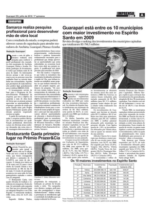 GUARAPARI

Samarco realiza pesquisa     Guarapari está entre os 10 municípios
proﬁssional para desenvolver com maior investimento no Espírito
mão de obra local
Com o resultado do estudo, a empresa poderá
                                                                             Santo em 2009
                                                Revista divulga o ranking dos investimentos dos municípios capixabas
oferecer cursos de capacitação para atender mo- que totalizaram R$ 794,2 milhões
radores de Anchieta, Guarapari, Piúma e Iconha
Redação Guarapari                    empreendedorismo. Esses cursos
                                     proporcionarão conhecimentos
        urante o mês de julho, a     teóricos e práticos, fornecendo

D       Samarco realizará uma
        pesquisa para conhecer o
perﬁl proﬁssional dos morado-
                                     embasamento necessário para o
                                     proﬁssional que deseja aprovei-
                                     tar as oportunidades que serão
res dos municípios de Anchieta,      estimuladas na economia local,
Guarapari, Piúma e Iconha. Po-       bem como abrir seu próprio ne-
derão participar do levantamen-      gócio. A qualiﬁcação tem início
to todos que tenham mais de 16       previsto para setembro de 2010.
anos de idade. Os interessados           Por este motivo, é importan-
devem acessar o site www.sa-         te que todos os moradores dos
marco.com ou procurar uma das        municípios localizados próximos
unidades ﬁxas ou móveis insta-       à região de Ubu, que tenham in-
ladas nas comunidades. Aqueles       teresse em trabalhar nestes proje-
que precisarem de mais informa-      tos, ou que tenham interesse em
ções podem ligar gratuitamente       abrir seu próprio negócio, par-
para o telefone 0800.031.23.03.      ticipem da pesquisa. “De acor-
     O levantamento servirá de       do com nossos valores, temos o                                                   os investimentos se situaram          anuário Finanças dos Municí-
                                                                             Redação Guarapari
base para o Programa de De-          compromisso de estimular o de-                                                   no mesmo nível dos anos an-           pios Capixabas, Alberto Bor-
senvolvimento Proﬁssional da         senvolvimento das comunidades                  essenta e seis municípios         teriores a 2008. Em Aracruz, os       ges, explicou que a retração dos
empresa, que tem o objetivo de
capacitar a mão de obra local,
de forma que as pessoas possam
                                     com as quais nos relacionamos. O
                                     objetivo da Samarco é conhecer o
                                     perﬁl das pessoas e os seus dese-
                                                                             S      capixabas registraram
                                                                                    queda nos investimentos
                                                                             realizados em 2009 por conta
                                                                                                                      valores foram reduzidos pela
                                                                                                                      metade, passando de R$ 36,1
                                                                                                                      milhões para R$ 17,5 milhões,
                                                                                                                                                            investimentos foi generalizada,
                                                                                                                                                            atingindo 66 dos 78 municípios
                                                                                                                                                            capixabas. Nas cidades com até
aproveitar as oportunidades de       jos e expectativas proﬁssionais.        da crise econômica internacio-           patamar muito abaixo do que           50 mil habitantes o recuo mé-
emprego e geração de renda que       Queremos contratar o máximo de          nal. As cidades do Espírito San-         a cidade vinha realizando nos         dio foi de 38,5% e nas demais
serão criadas tanto pelo Projeto     trabalhadores locais para a cons-       to totalizaram um montante da            últimos três anos.                    de 23,1%.
Quarta Pelotização quanto pelos      trução do nosso projeto de expan-       ordem de R$ 794,2 milhões,                   Os investimentos de Gua-              “Desde 2004, os municípios
demais possíveis empreendi-          são e, para que isso seja possível,     uma queda de 28,3%, se com-              rapari, que haviam se situado         capixabas vinham presenciando
mentos na região.                    vamos oferecer oportunidades            parado com 2008, que totalizou           entre R$ 11 milhões e R$ 12 mi-       uma forte expansão da receita.
     A partir da conclusão da pes-   de educação e desenvolvimento           R$ 1,11 bilhão.                          lhões nos dois anos anteriores,       Em 2009, em função da crise in-
quisa, a empresa poderá direcio-     proﬁssional para os moradores               Os dados, baseados nos               saltaram para R$ 16,7 milhões         ternacional, a receita caiu 6,1%,
nar os investimentos em quali-       da região”, aﬁrma o gerente geral       balanços municipais, constam             em 2009, o melhor patamar             forçando as administrações mu-
ﬁcação proﬁssional, oferecendo       de Recursos Humanos e Admi-             no anuário Finanças dos Mu-              alcançado pelo município na           nicipais a conter seus planos de
cursos em diversas áreas confor-     nistração da Samarco, Benedito          nicípios Capixabas, em sua 16ª           presente década. Com ligeira          investimentos. Num cenário de
me demanda, tais como área ci-       Waldson.Fonte:Assessoria de im-         edição, lançada pela Aequus              queda de -1,6%, os investimen-        queda de receita, os gastos mais
vil, montagem eletromecânica ou      prensa Samarco.                         Consultoria, e apontam que em            tos efetuados por Vitória situa-      sujeitos a cortes são exatamente
                                                                             todas as cidades com mais de             ram-se quase no mesmo nível           os investimentos, sobre os quais
Restaurante Gaeta primeiro                                                   50 mil habitantes, com exceção
                                                                             de Guarapari, houve queda de
                                                                                                                      do ano anterior.
                                                                                                                          Alfredo Chaves foi o muni-
                                                                                                                                                            as administrações têm maior
                                                                                                                                                            ﬂexibilidade para promover al-
lugar no Prêmio Prazer&Cia                                                   investimentos no ano passado.
                                                                                 O maior recuo foi veriﬁcado
                                                                                                                      cípio que destinou a maior par-
                                                                                                                      cela de sua receita para inves-
                                                                                                                                                            terações”, disse o economista.
                                                                                                                                                                Vale destacar que Vitória
                                                                             em Cachoeiro de Itapemirim,              timentos, com 24,2%, em 2009.         respondeu por 25,7% de todo
Redação Guarapari                                                            que caiu de R$ 27,5 milhões,             Foi seguido por Serra (21,6%),        o investimento efetuado pelos
        prêmio Prazer&Cia, pro-                                              em 2008, para apenas R$ 7,8              Vargem Alta (20,3%), Vitória          municípios capixabas em 2009,

O       movido pelo jornal A
        Gazeta, está na 4ª edição.
Neste ano teve o total de 10.308
                                                                             milhões, em 2009, uma que-
                                                                             da de 71,7%. Em São Mateus
                                                                             (-48,2%), Vila Velha (-47,7%) e
                                                                             Linhares (-43,4%), apesar de te-
                                                                                                                      (18,9%), Venda Nova do Imi-
                                                                                                                      grante (18,4%), Domingos Mar-
                                                                                                                      tins (18,2%), Atílio Vivacqua
                                                                                                                                                            seguido por Serra (17,5%), Vila
                                                                                                                                                            Velha (7,1%) e Cariacica (6,5%).
                                                                                                                                                            Juntas, o percentual das quatro
votos, que foram consagrados                                                                                          (18,2%) e Cariacica (18%).            maiores cidades do Espírito
por leitores e assinantes de A                                               rem caído quase pela metade,                 O economista e editor do          Santo atinge 56,8%.
GAZETA, por meio de site e
cupom. A votação teve início em
                                                                                        Os 10 maiores investimentos no Espírito Santo
14 de maio com 53 casas e cinco                                                               Posição     Município       Investimentos       População     Investimentos por
chefes da Grande Vitória e teve                                                                                               (R$)                            habitante (R$)
encerramento às 18h do dia 25
                                                                                                 1º         Vitória      203.898.080,10        320.156            636,87
de maio. O evento de premiação
aconteceu em uma noite de festa                                                                  2º         Serra        139.029.135,90        404.688            343,55
gastronômica capixaba e contou                                                                   3º       Vila Velha      56.014.992,80        413.548            135,45
com 22 categorias.                   Claudionor V. Mattos (Mhozinho) sócio
                                                                                                 4º       Cariacica       51.828.220,50        365.859            141,66
    O Restaurante Gaeta, com         do Gaeta
quatro décadas de tradição e ex-     proprietária do restaurante, a                              5º       Linhares        35.052.694,60        132.664            264,22
celência em moquecas e frutos do     indicação ao prêmio foi levada                              6º        Aracruz        17.532.417,60         78.658            222,89
mar, foi premiado pela segunda       muito a sério. “Fiz campanha
                                                                                                 7º       Guarapari       16.704.410,50        104.534            159,80
vez. Este ano teve primeiro lugar    com clientes e amigos, pedi para
na categoria Moqueca e em Voto       que eles prestigiassem o nosso                              8º        Colatina       16.428.046,90        111.365            147,52
Popular. O restaurante totalizou     estabelecimento”. Idalina credita                           9º       Anchieta        16.085.046,40         20.226            795,27
2.665 votos, cerca de 51,5% dos      a premiação ao atendimento ágil                            10º         Viana         13.235.155,30         60.829            217,58
votos.                               e à seriedade do trabalho que sua
    Segundo Idalina Mattos,          equipe realizada há 44 anos.            Fonte: Finanças dos Municípios Capixabas/Aequus Consultoria.
                                                                             Nota: Considerou-se investimentos toda a despesa de capital exceto as amortizações da dívida.
 