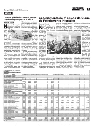 VITÓRIA

Crianças de Bela Vista e região ganham                                        Encerramento da 7ª edição do Curso
nova escola para aprender e brincar
Sucursal Vitória                      infraestrutura que valoriza a in-
                                                                              de Policiamento Interativo
                                      fância e o cuidado com os alunos.       Sucursal Vitória                    Corpo de Bombeiros Militar do               curso é uma oportunidade que
        este segundo semestre,        São duas salas de berçário com                                              Espírito Santo (CBMES), policiais           nós temos de participar e intera-

N       444 crianças de Bela Vista,
        Inhanguetá, Estrelinha e
bairros adja-
                                      banheiro próprio, minirrefeitó-
                                      rio, lactário, pátio coberto e solá-
                                                                rios para     N
                                                                                     o dia 09 de julho aconte-
                                                                                     ceu o encerramento da
                                                                                     7ª edição do Curso de
                                                                                                                  militares, guardas municipais e
                                                                                                                  funcionários públicos. O curso
                                                                                                                  teve início na segunda-feira (05) e
                                                                                                                                                              gir com a Corporação”, disse.
                                                                                                                                                                   O agente da Guarda Muni-
                                                                                                                                                              cipal Klenio Aleixo ressaltou que
centes terão                                                    os bebês,     Promotor de Polícia Comunitá-       os temas tratados foram Direitos            quanto mais pessoas puderem
um        novo                                                  duas salas    ria Interativa,                                            Fotos: Assessoria de Comunicação da PM participar   das
espaço para                                                     de mater-     realizado pela                                                                                    palestras, me-
aprender e                                                      nal tam-      Secretaria de                                                                                     lhor. “Através
brincar. No                                                     bém com       Segurança Pú-                                                                                     desse encontro,
dia 02 de ju-                                                   banheiro      blica e Defesa                                                                                    nós     podemos
lho , o prefei-                                                 próprio,      Social (Sesp)                                                                                     trocar informa-
to João Coser                                                   oito salas    e Polícia Mili-                                                                                   ções com pesso-
e a secretária                                                  de     aula   tar do Espírito                                                                                   as que atuam em
municipal                                                       infantil e    Santo (PMES),                                                                                     várias áreas da
de Educação, Vania Carvalho           uma sala de recursos multifun-          por meio da                                                                                       segurança pú-
de Araújo, inauguram o Centro         cionais para atendimento edu-           Secretaria Na-                                                                                    blica, dividindo
Municipal de Educação Infantil        cacional especializado, além de         cional de Segu-                                                                                   experiências”,
(Cmei) Álvaro Fernandes Lima,         um auditório para 60 pessoas.           rança Pública                                                                                     enfatizou.
também conhecido como Cmei            As obras estão orçadas em R$            (SENASP). O                                                                                           O reforço da
Bela Vista, que irá atender crian-    2.129.838,76.                           curso, que teve                                                                                   interação com
ças de seis meses a seis anos da          A escola ainda será contem-         por objetivo                                                                                      as comunidades
região.                               plada pelo Programa Educação            implementar                                                                                       faz parte das
    O novo Cmei possui uma            em Tempo Integral. Os pais inte-        as ações de                                                                                       ações do Ter-
área de 3.783 m² e conta com uma      ressados em inscrever seus ﬁlhos        proximidade                                                                                       ritório de Paz,
infraestrutura que valoriza a in-     devem procurar a coordenação            da PMES com as comunidades,         Humanos, Mobilização e Estru- projeto que consiste em núcleos
fância e o cuidado com os alunos      da unidade. O Programa atende-          aconteceu no Auditório do Diário    turação Social. Os trabalhos servi- estruturados de policiamento in-
    O Cmei Bela Vista, que irá        rá 130 crianças, no contraturno da      da Imprensa Oﬁcial do Espírito      rão como base para o desenvolvi- terativo em regiões com grande
atender crianças de seis meses a      aula regular. O diferencial é que o     Santo, em Vitória.                  mento diário de ações, que fazem índice de criminalidade. Inicial-
seis anos da região, será contem-     atendimento será feito dentro do              O secretário de Segurança     parte do Projeto de Reestrutura- mente, este trabalho é desenvol-
plada pelo Programa Educação          espaço físico da própria escola,        Pública e Defesa Social, André      ção da Polícia Interativa.                  vido em bairros variados de toda
em Tempo Integral                     com salas de dança, de informá-         Garcia, esteve presente no último        O sargento da Polícia Am- a Grande Vitória, identiﬁcados
    O novo Cmei possui uma            tica, de artes e biblioteca.            dia de palestras, que contou com    biental, Vitor Belini, aprovou a pelo Mapa do Crime.
área de 3.783 m² e conta com uma          Fonte: Assessoria PMV               a participação de militares do      iniciativa da Corporação. “Esse                 Fonte:Assessoria
 