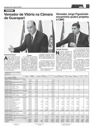 Guarapari ES, outubro de 2011
                                                                                                                                                                  11
  GUARAPARI

Vereador de Vitória na Câmara                                                                            Vereador Jorge Figueiredo
                                                                                                         encaminha quatro projetos
de Guarapari                                                                                             à CMG




                                                                                                         Redação Guarapari                    Já a outra proposta dispõe
                                                                                                                                          sobre denominação de via pú-
                                                                                                               a sessão ordinária do      blica a rua dos Sonhos - atual

Redação Guarapari
                                             Evento
                                                                      e municipal, educação pública
                                                                      municipal, orçamento partici-
                                                                                                         N     dia 04 de outubro o ve-
                                                                                                               reador Jorge Figueiredo
                                                                                                         Gonçalves (PP) encaminhou
                                                                                                                                          rua da Vala que se inicia na
                                                                                                                                          rua Magalhães Pinto e termi-
                                                                                                                                          na na rua Don João VI-, loca-
      sessão ordinária do dia         O 1º Painel de Vereadores       pativo, saúde municipal e turis-   quatro projetos para o Poder     lizada no bairro Santa Marga-

A     04 de outubro na Câma-
      ra Municipal de Guara-
pari contou com a presença
                                  do Estado do Espírito Santo
                                  proporcionou a integração de
                                  grande parte da massa política
                                                                      mo no estado do Espírito Santo.

                                                                         O evento contou ainda com
                                                                                                         Executivo na Câmara Munici-
                                                                                                         pal de Guarapari. O primeiro
                                                                                                         deles é o PL nº 127/2011 que
                                                                                                                                          rida.
                                                                                                                                              O parlamentar também
                                                                                                                                          enviou dois Projetos de Re-
do vereador do município          capixaba, onde os participantes     diversas autoridades como o        dispõe sobre denominação de      soluções que dispõem sobre
de Vitória, Sérgio Magalhães      encontraram a oportunidade          Governador do Estado, Renato       via pública a rua Ezídio Cos-    concessão de Título de Cida-
(PSB). Ele subiu a tribuna para   de se atualizarem por meio de       Casagrande, Senadores, Depu-       ta Longa - antiga rua projeta-   dão Guarapariense o Sr. Ita-
convidar os vereadores para o     palestras, no eixo político capi-   tados, Prefeitos, Vices e Verea-   da que se inicia na rua Olavo    mar Borges de Souza e Valci-
evento que aconteceu no Sesc      xaba. Diversas palestras foram      dores.                             Bilac e termina na rua Anézio    mar Ferreira Couto.
de Guarapari, dos dias 7 a 9      realizadas com os temas refor-         Fonte: Assessoria da CMG        Freire -, localizada no bairro       Fonte: Assessoria da CMG
do mês de outubro.                ma política, segurança estadual        Fotos: Carlinhos DJ             Kubistchek.                          Fotos:Carlinhos DJ
 
