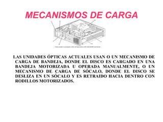 MECANISMOS DE CARGA LAS UNIDADES ÓPTICAS ACTUALES USAN O UN MECANISMO DE CARGA DE BANDEJA, DONDE EL DISCO ES CARGADO EN UNA BANDEJA MOTORIZADA U OPERADA MANUALMENTE, O UN MECANISMO DE CARGA DE SÓCALO, DONDE EL DISCO SE DESLIZA EN UN SÓCALO Y ES RETRAIDO HACIA DENTRO CON RODILLOS MOTORIZADOS.   