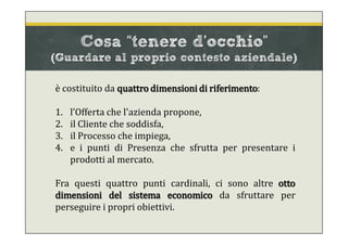 è costituito da quattro dimensioni di riferimento:
1. l’Offerta che l'azienda propone,
2. il Cliente che soddisfa,
3. il Processo che impiega,
4. e i punti di Presenza che sfrutta per presentare i
prodotti al mercato.
Fra questi quattro punti cardinali, ci sono altre otto
dimensioni del sistema economico da sfruttare per
perseguire i propri obiettivi.
Cosa “tenere d’occhio”
(Guardare al proprio contesto aziendale)
 