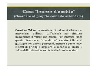 Creazione Valore: la creazione di valore si riferisce ai
meccanismi utilizzati dall'azienda per sfruttare
nuovamente il valore che genera. Per innovare lungo
questa dimensione, l'azienda può scoprire i flussi di
guadagno non ancora perseguiti, mettere a punto nuovi
sistemi di pricing e ampliare la capacità di creare il
valore dalle interazioni con i clienti ed i collaboratori.
Cosa “tenere d’occhio”
(Guardare al proprio contesto aziendale)
 