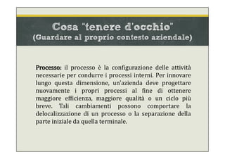 Processo: il processo è la configurazione delle attività
necessarie per condurre i processi interni. Per innovare
lungo questa dimensione, un'azienda deve progettare
nuovamente i propri processi al fine di ottenere
maggiore efficienza, maggiore qualità o un ciclo più
breve. Tali cambiamenti possono comportare la
delocalizzazione di un processo o la separazione della
parte iniziale da quella terminale.
Cosa “tenere d’occhio”
(Guardare al proprio contesto aziendale)
 