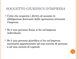 SOGGETTO GIURIDICO D’IMPRESA  Colui che acquista i diritti ed assume le obbligazioni derivanti dalle operazioni attinenti l’impresa Se è una persona fisica si ha un’impresa individuale  Se è una persona giuridica si ha un’impresa societaria appartenente ad una società di persone o ad una società di capitali. 