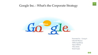 1
Impresario Slides
Google Inc. : What’s the Corporate Strategy
Presented by :- Group 8
Utkarsh Maurya
Vibhu Upadhyay
Vijaya Mishra
Vikas Sinha
Sonal Gupta
 