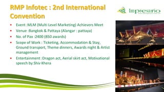 RMP Infotec : 2nd International
Convention
•   Event :MLM (Multi Level Marketing) Achievers Meet
•   Venue :Bangkok & Pattaya (Alangar : pattaya)
•   No. of Pax :2400 (850 awards)
•   Scope of Work : Ticketing, Accommodation & Stay,
    Ground transport, Theme dinners, Awards night & Artist
    management
•   Entertainment :Dragon act, Aerial skirt act, Motivational
    speech by Shiv Khera
 