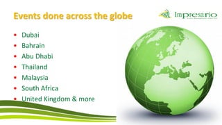 Events done across the globe
•   Dubai
•   Bahrain
•   Abu Dhabi
•   Thailand
•   Malaysia
•   South Africa
•   United Kingdom & more
 