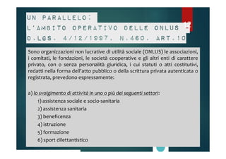 Un parallelo: 
l’ambito operativo delle Onlus - 
D.Lgs. 4/12/1997, n.460. art.10 
Sono organizzazioni non lucrative di utilità sociale (ONLUS) le associazioni, 
i comitati, le fondazioni, le società cooperative e gli altri enti di carattere 
privato, con o senza personalità giuridica, i cui statuti o atti costitutivi, 
redatti nella forma dell'atto pubblico o della scrittura privata autenticata o 
registrata, prevedono espressamente: 
a) lo svolgimento di attività in uno o più dei seguenti settori: 
1) assistenza sociale e socio-sanitaria 
2) assistenza sanitaria 
3) beneficenza 
4) istruzione 
5) formazione 
6) sport dilettantistico 
12 
 