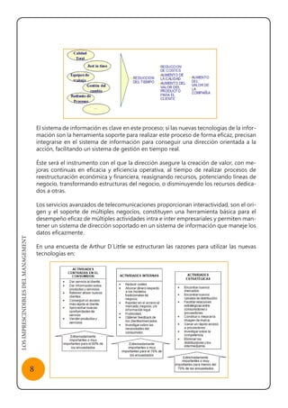 LOSIMPRESCINDIBLESDELMANAGEMENT
8
El sistema de información es clave en este proceso; si las nuevas tecnologías de la infor-
mación son la herramienta soporte para realizar este proceso de forma eficaz, precisan
integrarse en el sistema de información para conseguir una dirección orientada a la
acción, facilitando un sistema de gestión en tiempo real.
Éste será el instrumento con el que la dirección asegure la creación de valor, con me-
joras continuas en eficacia y eficiencia operativa, al tiempo de realizar procesos de
reestructuración económica y financiera, reasignando recursos, potenciando líneas de
negocio, transformando estructuras del negocio, o disminuyendo los recursos dedica-
dos a otras.
Los servicios avanzados de telecomunicaciones proporcionan interactividad, son el ori-
gen y el soporte de múltiples negocios, constituyen una herramienta básica para el
desempeño eficaz de múltiples actividades intra e inter empresariales y permiten man-
tener un sistema de dirección soportado en un sistema de información que maneje los
datos eficazmente.
En una encuesta de Arthur D´Little se estructuran las razones para utilizar las nuevas
tecnologías en:
 