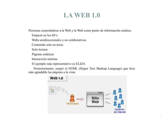 3
LA WEB 1.0
Personas conectándose a la Web y la Web como punto de información estática.
Empezó en los 60´s
Webs unidireccionales y no colaborativas
Contenido solo en texto
Solo lectura
Páginas estáticas
Interacción mínima
El ejemplo más representativo es ELIZA
Posteriormente, surgió el HTML (Hyper Text Markup Language) que hizo
más agradable las páginas a la vista.
 