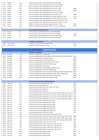36101 Originales Epson Epson Tinta original en blister Cyan (Botella 70cc para L4150 / L4160)
36102 Originales Epson Epson Tinta original en blister Magenta (Botella 70cc para L4150 / L4160)
36103 Originales Epson Epson Tinta original en blister Yellow (Botella 70cc para L4150 / L4160)
36104 Originales Epson Epson Tinta original en blister Black (Botella 70cc para L3110 / L3150) $1380
36105 Originales Epson Epson Tinta original en blister Cyan (Botella 70cc para L3110 / L3150) $1380
36106 Originales Epson Epson Tinta original en blister Magenta (Botella 70cc para L3110 / L3150)
36107 Originales Epson Epson Tinta original en blister Yellow (Botella 70cc para L3110 / L3150) $1380
36108 Originales Epson Epson Tinta original en blister Black (Botella 70cc para L220 / L380 / L395 / L455) $1630
36109 Originales Epson Epson Tinta original en blister Cyan (Botella 70cc para L220 / L380 / L395 / L455) $1370
36110 Originales Epson Epson Tinta original en blister Magenta (Botella 70cc para L220 / L380 / L395 / L455)
36111 Originales Epson Epson Tinta original en blister Yellow (Botella 70cc para L220 / L380 / L395 / L455)
36112 Originales Epson PROMO - 4 envases de tinta orignal Epson codigo 644 (4 colores - CMYK) $5700
36113 Originales Epson PROMO - 6 envases de tinta orignal Epson codigo 673 (6 colores - CMYK-LC-LM) $7800
Tintas Originales Hewlett Packard
36118 Originales HP HP Tinta original en caja Black (Botella 70cc para HP DJ 5810, 5820)
36119 Originales HP HP Tinta original en caja Cyan (Botella 70cc para HP DJ 5810, 5820) $1560
36120 Originales HP HP Tinta original en caja Magenta (Botella 70cc para HP DJ 5810, 5820) $1560
36121 Originales HP HP Tinta original en caja Yellow (Botella 70cc para HP DJ 5810, 5820)
Limpiadores de cabezales
36126 Limpia cabezales Limpiador de Cabezales Concentrado (envase 100cc) $275
36125 Limpia cabezales Limpiador de Cabezales Inkjet (envase 100cc) $240
CARTUCHOS
Cartuchos recargables
38012 Recargables Epson Cartuchos recargables Epson C110 (Sin tinta)
38004 Recargables Epson Cartuchos recargables Epson C92, C79, CX5600, CX7300, CX8300, CX9300, CX3900, CX4900, CX5900 (Sin tinta)
$2570
38003 Recargables Epson Cartuchos recargables Epson K101, K301 (Sin tinta) $1880
38014 Recargables Epson Cartuchos recargables Epson T1110, TX515 (Sin tinta) $2800
38006 Recargables Epson Cartuchos recargables Epson T23, T24, TX105, TX115 (Sin tinta) $2570
38009 Recargables Epson Cartuchos recargables Epson T25, TX125, TX135 (Sin tinta) $2800
38013 Recargables Epson Cartuchos recargables Epson T33 (Sin tinta) $4200
38007 Recargables Epson Cartuchos recargables Epson T40W, TX550W, TX600FW (Sin tinta) $4200
38011 Recargables Epson Cartuchos recargables Epson T42, TX620, TX560 (Sin tinta) $2800
38015 Recargables Epson Cartuchos recargables Epson T50, 1410, 1430, R270, R290, RX610, RX590, TX700, TX720, TX730 (Sin tinta)
$3030
38005 Recargables Epson Cartuchos recargables Epson TX200, TX210, TX220, TX400, TX410, TX300 (Sin tinta) $2570
38010 Recargables Epson Cartuchos recargables Epson TX320, TX420, TX235, TX430 (Sin tinta) $2800
38008 Recargables Epson Cartuchos recargables Epson XP201, XP211, XP401 (Sin tinta) $4200
Cartuchos alternativos para impresoras Epson
38054 Alternativos Epson Cartuchos alternativos (T1361) Epson K101 / K301 $350
38038 Alternativos Epson Cartuchos alternativos Epson (T0115) T33 $135
38037 Alternativos Epson Cartuchos alternativos Epson (T0117) T23 / TX105 / T24 / TX115 $135
38020 Alternativos Epson Cartuchos alternativos Epson (T038) C43 $140
38021 Alternativos Epson Cartuchos alternativos Epson (T039) C43 $225
38039 Alternativos Epson Cartuchos alternativos Epson (T0731) tx210 / tx410 / tx200 / tx300f / tx400 / c92 / c110 / cx5600 / cx7300 / cx8300 / c79 / cx3900 / cx4900 / cx5900 / cx
$135
38040 Alternativos Epson Cartuchos alternativos Epson (T0732) t23 / t24 / t33 / tx115 / tx210 / tx410 / tx105 / tx200 / tx300f / tx400 / c92 / c110 / cx5600 / cx7300 / cx8300 / c79
$135
38041 Alternativos Epson Cartuchos alternativos Epson (T0733) t23 / t24 / t33 / tx115 / tx210 / tx410 / tx105 / tx200 / tx300f / tx400 / c92 / c110 / cx5600 / cx7300 / cx8300 / c79
$135
38042 Alternativos Epson Cartuchos alternativos Epson (T0734) t23 / t24 / t33 / tx115 / tx210 / tx410 / tx105 / tx200 / tx300f / tx400 / c92 / c110 / cx5600 / cx7300 / cx8300 / c79
$135
38043 Alternativos Epson Cartuchos alternativos Epson (T0821) T50 / R270 / R290 $135
38044 Alternativos Epson Cartuchos alternativos Epson (T0822) T50 / R270 / R290 $135
38045 Alternativos Epson Cartuchos alternativos Epson (T0823) T50 / R270 / R290 $135
38046 Alternativos Epson Cartuchos alternativos Epson (T0824) T50 / R270 / R290 $135
38047 Alternativos Epson Cartuchos alternativos Epson (T0825) T50 / R270 / R290 $135
38048 Alternativos Epson Cartuchos alternativos Epson (T0826) T50 / R270 / R290 $135
38036 Alternativos Epson Cartuchos alternativos Epson (T0901) c92 / cx5600 $135
38049 Alternativos Epson Cartuchos alternativos Epson (T1331) TX235 / TX320 / TX420 / TX430
38051 Alternativos Epson Cartuchos alternativos Epson (T1332) T25 / TX125 / TX135 / TX235 / TX320 / TX420 / TX430 $145
38052 Alternativos Epson Cartuchos alternativos Epson (T1333) T25 / TX125 / TX135 / TX235 / TX320 / TX420 / TX430 $145
38053 Alternativos Epson Cartuchos alternativos Epson (T1334) T25 / TX125 / TX135 / TX235 / TX320 / TX420 / TX430 $145
38050 Alternativos Epson Cartuchos alternativos Epson (T1351) T25 / TX125 / TX135 $145
38055 Alternativos Epson Cartuchos alternativos Epson (T1951 / T1961) Xp 211 / 401 / 201 / 411 $350
38056 Alternativos Epson Cartuchos alternativos Epson (T1952 / T1962) Xp 211 / 401 / 201 / 411 $350
38057 Alternativos Epson Cartuchos alternativos Epson (T1953 / T1963) Xp 211 / 401 / 201 / 411 $350
38058 Alternativos Epson Cartuchos alternativos Epson (T1954 / T1964) Xp 211 / 401 / 201 / 411 $350
38218 Alternativos Epson Cartuchos alternativos Epson (T2061) xp 2101 $1090
38219 Alternativos Epson Cartuchos alternativos Epson (T2062) xp 2101 $950
38220 Alternativos Epson Cartuchos alternativos Epson (T2063) xp 2101 $950
 