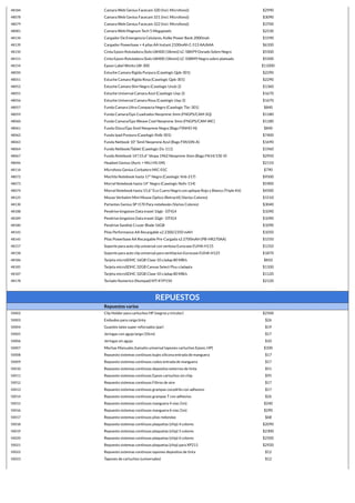 48184 Camara Web Genius Facecam 320 (Incl. Microfono)) $2990
48078 Camara Web Genius Facecam 321 (Incl. Microfono)) $3090
48079 Camara Web Genius Facecam 322 (Incl. Microfono)) $3700
48081 Camara Web Magnum Tech 5 Megapixels $2530
48134 Cargador De Emergencia Celulares, Kolke Power Bank 2000mah $1590
48139 Cargador Powerbase + 4 pilas AA Instant 2100mAh C-513 AA/AAA $6100
48150 Cinta Epson Rotuladora (Solo LW400 (18mm)) LC-5BKP9 Dorado Sobre Negro $5500
48151 Cinta Epson Rotuladora (Solo LW400 (18mm)) LC-5SBM9 Negro sobre plateado $5500
48154 Epson Label Works LW-300 $11000
48050 Estuche Camara Rigida Purpura (Caselogic Qpb-301) $2290
48051 Estuche Camara Rigida Rosa (Caselogic Qpb-301) $2290
48052 Estuche Camara Slim Negro (Caselogic Unzb-2) $1360
48055 Estuche Universal Camara Azul (Caselogic Uxp-2) $1670
48056 Estuche Universal Camara Rosa (Caselogic Uxp-2) $1670
48057 Funda Camara Ultra Compacta Negro (Caselogic Tbc-301) $840
48059 Funda Camara/Gps Cuadrados Neoprene 3mm (FNGPS/CAM-SQ) $1180
48060 Funda Camara/Gps Weave Cool Neoprene 3mm (FNGPS/CAM-WC) $1180
48061 Funda Disco/Gps Simil Neoprene Negra (Bags FSNHD-N) $840
48062 Funda Ipad Purpura (Caselogic Ifolb-301) $7400
48063 Funda Netbook 10" Simil Neoprene Azul (Bags FSN10N-A) $1690
48064 Funda Netbook/Tablet (Caselogic Els-111) $1960
48067 Funda Notebook 14"/15.6" Vespa 1962 Neoprene 3mm (Bags FN14/15E-V) $2950
48046 Headset Genius (Auric + Mic) HS-04S $2110
48114 Microfono Genius Corbatero MIC-01C $790
48072 Mochila Notebook hasta 17" Negro (Caselogic Vnb-217) $9500
48073 Morral Notebook hasta 14" Negro (Caselogic Nofx-114) $5900
48074 Morral Notebook hasta 15,6" Eco Cuero Negro con aplique Rojo y Blanco (Triple Kit) $4500
48125 Mouse Verbatim Mini Mouse Optico (Retractil) (Varios Colores) $1510
48130 Parlantes Genius SP I170 Para notebooks (Varios Colores) $3040
48188 Pendrive kingstom Data travel 16gb - DTIG4 $1090
48189 Pendrive kingstom Data travel 32gb - DTIG4 $1090
48180 Pendrive Sandisk Cruzer Blade 16GB $1090
48142 Pilas Performance AA Recargable x2 2300/2350 mAH $1050
48145 Pilas Powerbase AA Recargable Pre-Cargada x2 2700mAH (PB-HR270AA) $1550
48157 Soporte para auto clip universal con ventosa Eurocase EUHA-H115 $1310
48158 Soporte para auto clip universal para ventilacion Eurocase EUHA-H125 $1870
48186 Tarjeta microSDHC 16GB Clase 10 c/adap 80 MB/s $810
48185 Tarjeta microSDHC 32GB Canvas Select Plus c/adapta $1100
48187 Tarjeta microSDHC 32GB Clase 10 c/adap 80 MB/s $1120
48178 Teclado Numerico (Numpad) MT-KYP150 $2120
REPUESTOS
Repuestos varios
50002 Clip Holder para cartuchos HP (negros y tricolor) $2500
50003 Embudos para carga tinta $26
50004 Guantes latex super reforzados (par) $19
50005 Jeringas con aguja larga (10cm) $17
50006 Jeringas sin aguja $10
50007 Mechas Manuales (tamaño universal tapones cartuchos Epson, HP) $100
50008 Repuesto sistemas continuos bujes silicona entrada de manguera $17
50009 Repuesto sistemas continuos codos entrada de manguera $17
50010 Repuesto sistemas continuos depositos externos de tinta $51
50011 Repuesto sistemas continuos Epson cartuchos sin chip $95
50012 Repuesto sistemas continuos Filtros de aire $17
50013 Repuesto sistemas continuos grampas cocodrilo con adhesivo $17
50014 Repuesto sistemas continuos grampas T con adhesivo $26
50015 Repuesto sistemas continuos manguera 4 vias (1m) $240
50016 Repuesto sistemas continuos manguera 6 vias (1m) $290
50017 Repuesto sistemas continuos pilas redondas $68
50018 Repuesto sistemas continuos plaquetas (chip) 4 colores $2090
50019 Repuesto sistemas continuos plaquetas (chip) 5 colores $2300
50020 Repuesto sistemas continuos plaquetas (chip) 6 colores $2500
50021 Repuesto sistemas continuos plaquetas (chip) para XP211 $2920
50022 Repuesto sistemas continuos tapones depositos de tinta $12
50023 Tapones de cartuchos (universales) $12
 