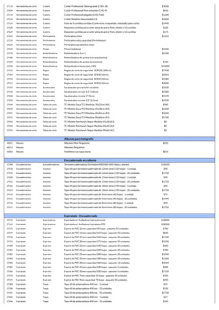 27119 Herramientas de corte Cutters Cutter Profesional 18mm grande (CHD-18) $1000
27604 Herramientas de corte Cutters Cutter Profesional 9mm estandar (CHD-9) $650
27114 Herramientas de corte Cutters Cutter Profesional plegable (CHD-Fold) $1240
27124 Herramientas de corte Cutters Cutter Rotativo Dasa modelo CR. $1620
27125 Herramientas de corte Cutters Pack de 3 cuchillas surtidas (Corte recto, troquelado, ondulado) para cutter. $1940
27628 Herramientas de corte Cutters Repuesto cuchillas para cutter alma de acero 9mm, blister x 10 cuchillas $100
27629 Herramientas de corte Cutters Repuesto cuchillas para cutter alma de acero 9mm, blister x 10 cuchillas $175
27623 Herramientas de corte Perforadoras Perforadora 3mm $1210
27233 Herramientas de corte Perforadoras Perforadora alta capacidad (PerfoMaster)
27624 Herramientas de corte Perforadoras Perforadora picaboletos 6mm
27243 Herramientas de corte Pinzas Pinza medialuna $3100
27278 Herramientas de corte Redondeadoras Redondeadora 3 en 1 $6300
27288 Herramientas de corte Redondeadoras Redondeadora de puntas (carcaza plastica)
27293 Herramientas de corte Redondeadoras Redondeadora de puntas (economica) $760
27298 Herramientas de corte Redondeadoras Redondeadora heavy duty (HD) $41000
27312 Herramientas de corte Reglas Reglas de corte de seguridad SCR100 (100cm). $7900
27309 Herramientas de corte Reglas Reglas de corte de seguridad SCR30 (30cm). $2810
27310 Herramientas de corte Reglas Reglas de corte de seguridad SCR40 (40cm). $3380
27311 Herramientas de corte Reglas Reglas de corte de seguridad SCR50 (50cm). $4000
27323 Herramientas de corte Sacabocados Sacabocado para broche cocodrilo $3100
27318 Herramientas de corte Sacabocados Sacabocados circular 1,5" (3,8cm). $2380
27608 Herramientas de corte Sacabocados Sacabocados circular 2" (5cm). $3170
27609 Herramientas de corte Sacabocados Sacabocados circular 2,5" (6,3cm). $4300
27449 Herramientas de corte Tablas de corte TC Modelo Dasa TC1 Medidas 30x22cm (A4). $940
27450 Herramientas de corte Tablas de corte TC Modelo Dasa TC2 Medidas 45x30cm (A3). $1640
27451 Herramientas de corte Tablas de corte TC Modelo Dasa TC3 Medidas 60x45cm (A2). $3260
27452 Herramientas de corte Tablas de corte TC Modelo Dasa TC4 Medidas 90x60cm (A1). $5700
27453 Herramientas de corte Tablas de corte TC Modelo Patchwork Negra Medidas 45x30 (A3). $0
27454 Herramientas de corte Tablas de corte TC Modelo Patchwork Negra Medidas 60x45 (A2). $0
27455 Herramientas de corte Tablas de corte TC Modelo Patchwork Negra Medidas 90x60 (A1). $0
Albunes para fotografía
43021 Albunes Albumes Mini Pergamino $650
43013 Albunes Albumes Pergamino
43003 Albunes Fotolibros con tapas duras $810
Encuadernado en caliente
27348 Encuadernacion Encuadernadoras Termoencuadernadora Termobind MB5000 (400 Hojas, caliente) $18500
27418 Encuadernacion Insumos Tapa A4 para termoencuadernado de 12mm lomo (120 hojas) - 1 unidad. $90
27419 Encuadernacion Insumos Tapa A4 para termoencuadernado de 12mm lomo (120 hojas) - 20 unidades. $1750
27420 Encuadernacion Insumos Tapa A4 para termoencuadernado de 15mm lomo (150 hojas) - 1 unidad. $90
27421 Encuadernacion Insumos Tapa A4 para termoencuadernado de 15mm lomo (150 hojas) - 20 unidades. $1750
27422 Encuadernacion Insumos Tapa A4 para termoencuadernado de 18mm lomo (190 hojas) - 1 unidad. $90
27423 Encuadernacion Insumos Tapa A4 para termoencuadernado de 18mm lomo (190 hojas) - 20 unidades. $1750
27414 Encuadernacion Insumos Tapa A4 para termoencuadernado de 4mm lomo (40 hojas) - 1 unidad. $75
27415 Encuadernacion Insumos Tapa A4 para termoencuadernado de 4mm lomo (40 hojas) - 20 unidades. $1490
27416 Encuadernacion Insumos Tapa A4 para termoencuadernado de 8mm lomo (80 hojas) - 1 unidad. $90
27417 Encuadernacion Insumos Tapa A4 para termoencuadernado de 8mm lomo (80 hojas) - 20 unidades. $1750
Espiralado - Encuadernado
27153 Espiralado Espiraladoras Espiraladora / Anilladora Espira personal $18000
27163 Espiralado Espiraladoras Espiraladora / Anilladora Espiradasa STD $38500
27376 Espiralado Espirales Espiral de PVC 12mm capacidad 90 hojas - paquete 50 unidades. $700
27377 Espiralado Espirales Espiral de PVC 14mm capacidad 125 hojas - paquete 50 unidades. $820
27378 Espiralado Espirales Espiral de PVC 17mm capacidad 160 hojas - paquete 50 unidades. $1130
27379 Espiralado Espirales Espiral de PVC 20mm capacidad 175 hojas - paquete 50 unidades. $1290
27380 Espiralado Espirales Espiral de PVC 23mm capacidad 190 hojas - paquete 20 unidades. $600
27381 Espiralado Espirales Espiral de PVC 25mm capacidad 220 hojas - paquete 20 unidades. $780
27382 Espiralado Espirales Espiral de PVC 29mm capacidad 280 hojas - paquete 20 unidades. $1040
27383 Espiralado Espirales Espiral de PVC 33mm capacidad 300 hojas - paquete 20 unidades. $1260
27384 Espiralado Espirales Espiral de PVC 40mm capacidad 360 hojas - paquete 12 unidades. $1010
27385 Espiralado Espirales Espiral de PVC 45mm capacidad 430 hojas - paquete 9 unidades. $980
27386 Espiralado Espirales Espiral de PVC 50mm capacidad 500 hojas - paquete 9 unidades. $1120
27374 Espiralado Espirales Espiral de PVC 7mm capacidad 25 hojas - paquete 50 unidades. $350
27375 Espiralado Espirales Espiral de PVC 9mm capacidad 75 hojas - paquete 50 unidades. $450
27389 Espiralado Tapas Tapa A3 de polipropileno 400 mic - 1 unidad. $55
27390 Espiralado Tapas Tapa A3 de polipropileno 400 mic - 10 unidades. $550
27391 Espiralado Tapas Tapa A3 de polipropileno 400 mic - 50 unidades. $2730
27605 Espiralado Tapas Tapa A4 de polipropileno 400 mic - 1 unidad. $27
27606 Espiralado Tapas Tapa A4 de polipropileno 400 mic - 10 unidades. $265
 