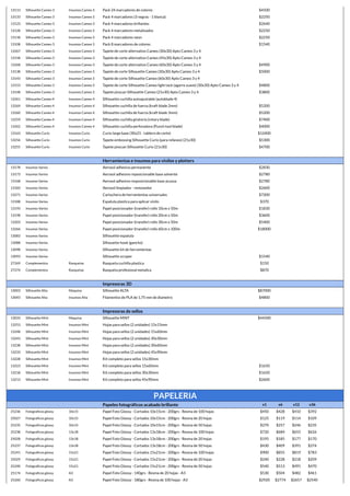 13113 Silhouette Cameo 3 Insumos Cameo 3 Pack 24 marcadores de colores $4500
13133 Silhouette Cameo 3 Insumos Cameo 3 Pack 4 marcadores (3 negras - 1 blanca) $2250
13123 Silhouette Cameo 3 Insumos Cameo 3 Pack 4 marcadores brillantes $2640
13128 Silhouette Cameo 3 Insumos Cameo 3 Pack 4 marcadores metalizados $2250
13118 Silhouette Cameo 3 Insumos Cameo 3 Pack 4 marcadores neon $2250
13108 Silhouette Cameo 3 Insumos Cameo 3 Pack 8 marcadores de colores $1540
13267 Silhouette Cameo 3 Insumos Cameo 3 Tapete de corte alternativo Cameo (30x30) Apto Cameo 3 y 4
13158 Silhouette Cameo 3 Insumos Cameo 3 Tapete de corte alternativo Cameo (45x30) Apto Cameo 3 y 4
13268 Silhouette Cameo 3 Insumos Cameo 3 Tapete de corte alternativo Cameo (60x30) Apto Cameo 3 y 4 $4900
13138 Silhouette Cameo 3 Insumos Cameo 3 Tapete de corte Silhouette Cameo (30x30) Apto Cameo 3 y 4 $5000
13143 Silhouette Cameo 3 Insumos Cameo 3 Tapete de corte Silhouette Cameo (60x30) Apto Cameo 3 y 4
13153 Silhouette Cameo 3 Insumos Cameo 3 Tapete de corte Silhouette Cameo light tack (agarre suave) (30x30) Apto Cameo 3 y 4 $4800
13148 Silhouette Cameo 3 Insumos Cameo 3 Tapete pixscan Silhouette Cameo (21x30) Apto Cameo 3 y 4 $3800
13261 Silhouette Cameo 4 Insumos Cameo 4 Silhouette cuchilla autoajustable (autoblade 4)
13269 Silhouette Cameo 4 Insumos Cameo 4 Silhouette cuchilla de fuerza (kraft blade 2mm) $5200
13260 Silhouette Cameo 4 Insumos Cameo 4 Silhouette cuchilla de fuerza (kraft blade 3mm) $5200
13259 Silhouette Cameo 4 Insumos Cameo 4 Silhouette cuchilla giratoria (rotary blade) $7400
13262 Silhouette Cameo 4 Insumos Cameo 4 Silhouette cuchilla perforadora (Punch tool blade) $4000
13163 Silhouette Curio Insumos Curio Curio large base (30x21 - tablero de corte) $12400
13256 Silhouette Curio Insumos Curio Tapete embossing Silhouette Curio (para relieves) (21x30) $5300
13255 Silhouette Curio Insumos Curio Tapete pixscan Silhouette Curio (21x30) $4700
Herramientas e insumos para vinilos y plotters
13178 Insumos Varios Aerosol adhesivo permanente $2830
13173 Insumos Varios Aerosol adhesivo reposicionable base solvente $2780
13168 Insumos Varios Aerosol adhesivo resposicionable base acuosa $2780
13183 Insumos Varios Aerosol limpiador - removedor $2600
13271 Insumos Varios Cartuchera de herramientas universales $7200
13188 Insumos Varios Espatula plastica para aplicar vinilo $370
13193 Insumos Varios Papel posicionador (transfer) rollo 10cm x 50m $1830
13198 Insumos Varios Papel posicionador (transfer) rollo 20cm x 50m $3600
13203 Insumos Varios Papel posicionador (transfer) rollo 30cm x 50m $5400
13266 Insumos Varios Papel posicionador (transfer) rollo 60cm x 100m $18000
13083 Insumos Varios Silhouette espatula
13088 Insumos Varios Silhouette hook (gancho)
13098 Insumos Varios Silhouette kit de herramientas
13093 Insumos Varios Silhouette scraper $1540
27269 Complementos Rasquetas Rasqueta cuchilla plastica $150
27274 Complementos Rasquetas Rasqueta profesional metalica $870
Impresoras 3D
13003 Silhouette Alta Maquina Silhouette ALTA $87000
13043 Silhouette Alta Insumos Alta Filamentos de PLA de 1,75 mm de diametro $4800
Impresoras de sellos
13033 Silhouette Mint Maquina Silhouette MINT $44500
13253 Silhouette Mint Insumos Mint Hojas para sellos (2 unidades) 15x15mm
13248 Silhouette Mint Insumos Mint Hojas para sellos (2 unidades) 15x60mm
13243 Silhouette Mint Insumos Mint Hojas para sellos (2 unidades) 30x30mm
13238 Silhouette Mint Insumos Mint Hojas para sellos (2 unidades) 30x60mm
13233 Silhouette Mint Insumos Mint Hojas para sellos (2 unidades) 45x90mm
13228 Silhouette Mint Insumos Mint Kit completo para sellos 15x30mm
13223 Silhouette Mint Insumos Mint Kit completo para sellos 15x60mm $1650
13218 Silhouette Mint Insumos Mint Kit completo para sellos 30x30mm $1650
13213 Silhouette Mint Insumos Mint Kit completo para sellos 45x90mm $2600
PAPELERIA
Papeles fotográficos acabado brillante x1 x6 x12 x36
25236 Fotograficos glossy 10x15 Papel Foto Glossy - Cortados 10x15cm - 200grs - Resma de 100 hojas $450 $428 $410 $392
25027 Fotograficos glossy 10x15 Papel Foto Glossy - Cortados 10x15cm - 200grs - Resma de 20 hojas $125 $119 $114 $109
25235 Fotograficos glossy 10x15 Papel Foto Glossy - Cortados 10x15cm - 200grs - Resma de 50 hojas $270 $257 $246 $235
25238 Fotograficos glossy 13x18 Papel Foto Glossy - Cortados 13x18cm - 200grs - Resma de 100 hojas $720 $684 $655 $626
25028 Fotograficos glossy 13x18 Papel Foto Glossy - Cortados 13x18cm - 200grs - Resma de 20 hojas $195 $185 $177 $170
25237 Fotograficos glossy 13x18 Papel Foto Glossy - Cortados 13x18cm - 200grs - Resma de 50 hojas $430 $409 $391 $374
25241 Fotograficos glossy 15x21 Papel Foto Glossy - Cortados 15x21cm - 200grs - Resma de 100 hojas $900 $855 $819 $783
25029 Fotograficos glossy 15x21 Papel Foto Glossy - Cortados 15x21cm - 200grs - Resma de 20 hojas $240 $228 $218 $209
25240 Fotograficos glossy 15x21 Papel Foto Glossy - Cortados 15x21cm - 200grs - Resma de 50 hojas $540 $513 $491 $470
25174 Fotograficos glossy A3 Papel Foto Glossy - 140grs - Resma de 20 hojas - A3 $530 $504 $482 $461
25260 Fotograficos glossy A3 Papel Foto Glossy - 180grs - Resma de 100 hojas - A3 $2920 $2774 $2657 $2540
 