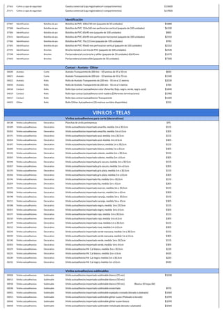 27563 Cofres y cajas de seguridad Gaveta comercial (caja registradora 4 compartimentos) $13600
27571 Cofres y cajas de seguridad Gaveta comercial (caja registradora 5 compartimentos) $17000
Identificación
27587 Identificacion Bolsillos de pvc Bolsillos de PVC 100x158 mm (paquete de 50 unidades) $1880
27588 Identificacion Bolsillos de pvc Bolsillos de PVC 110x160 mm perforacion vertical (paquete de 100 unidades) $6100
27584 Identificacion Bolsillos de pvc Bolsillos de PVC 60x90 mm (paquete de 100 unidades) $800
27611 Identificacion Bolsillos de pvc Bolsillos de PVC 60x90 mm perforacion horizontal (paquete de 100 unidades) $2310
27586 Identificacion Bolsillos de pvc Bolsillos de PVC 70x110 mm (paquete de 100 unidades) $990
27585 Identificacion Bolsillos de pvc Bolsillos de PVC 90x60 mm perforacion vertical (paquete de 100 unidades) $2310
27593 Identificacion Broches Broche metalico con tira de PVC (paquete de 100 unidades) $2430
27598 Identificacion Broches Portacredencial con broche y alfiler (paquete de 50 unidades) 60x95mm $1470
27603 Identificacion Broches Portacredencial extensible (paquete de 50 unidades) $7300
Contact - Acetato - Glitter
34020 Acetato Corte Acetato Transparente de 200 mic - 10 laminas de 35 x 50 cm $820
34021 Acetato Corte Acetato Transparente de 200 mic - 10 laminas de 50 x 70 cm $1540
34022 Acetato Rollo Rollo de Acetato Transparente de 200 mic - 50 cm x 15 metros $2030
34050 Acetato Rollo Rollo de Acetato Transparente de 200 mic - 50 cm x 5 metros $700
34018 Contact Rollo Rollo tipo contact autoadhesivo color (Amarillo, Rojo, negro, verde, negro, azul) $1840
34019 Contact Rollo Rollo tipo contact autoadhesivo simil madera (Diferentes terminaciones) $1980
34017 Contact Rollo Rollo tipo contact autoadhesivo Transparente $1320
34023 Glitter Rollo Rollo Glitter Autoadhesivo (20 motivos surtidos disponibles) $310
VINILOS - TELAS
Vinilos autoadhesivos para corte (decorativos)
30138 Vinilos autoadhesivos Decorativo Planchas de vinilo preimpresas $95
30189 Vinilos autoadhesivos Decorativo Vinilo autoadhesivo importado amarillo, medida 1m x 30,5cm $155
30202 Vinilos autoadhesivos Decorativo Vinilo autoadhesivo importado amarillo, medida 1m x 61cm $305
30191 Vinilos autoadhesivos Decorativo Vinilo autoadhesivo importado azul, medida 1m x 30,5cm $155
30204 Vinilos autoadhesivos Decorativo Vinilo autoadhesivo importado azul, medida 1m x 61cm $305
30187 Vinilos autoadhesivos Decorativo Vinilo autoadhesivo importado blanco, medida 1m x 30,5cm $155
30200 Vinilos autoadhesivos Decorativo Vinilo autoadhesivo importado blanco, medida 1m x 61cm $305
30192 Vinilos autoadhesivos Decorativo Vinilo autoadhesivo importado celeste, medida 1m x 30,5cm $155
30205 Vinilos autoadhesivos Decorativo Vinilo autoadhesivo importado celeste, medida 1m x 61cm $305
30194 Vinilos autoadhesivos Decorativo Vinilo autoadhesivo importado gris oscuro, medida 1m x 30,5cm $155
30207 Vinilos autoadhesivos Decorativo Vinilo autoadhesivo importado gris oscuro, medida 1m x 61cm $305
30193 Vinilos autoadhesivos Decorativo Vinilo autoadhesivo importado gris plata, medida 1m x 30,5cm $155
30206 Vinilos autoadhesivos Decorativo Vinilo autoadhesivo importado gris plata, medida 1m x 61cm $305
30196 Vinilos autoadhesivos Decorativo Vinilo autoadhesivo importado lila, medida 1m x 30,5cm $155
30209 Vinilos autoadhesivos Decorativo Vinilo autoadhesivo importado lila, medida 1m x 61cm $305
30195 Vinilos autoadhesivos Decorativo Vinilo autoadhesivo importado marron, medida 1m x 30,5cm $155
30208 Vinilos autoadhesivos Decorativo Vinilo autoadhesivo importado marron, medida 1m x 61cm $305
30198 Vinilos autoadhesivos Decorativo Vinilo autoadhesivo importado naranja, medida 1m x 30,5cm $155
30211 Vinilos autoadhesivos Decorativo Vinilo autoadhesivo importado naranja, medida 1m x 61cm $305
30188 Vinilos autoadhesivos Decorativo Vinilo autoadhesivo importado negro, medida 1m x 30,5cm $155
30201 Vinilos autoadhesivos Decorativo Vinilo autoadhesivo importado negro, medida 1m x 61cm $305
30197 Vinilos autoadhesivos Decorativo Vinilo autoadhesivo importado rojo, medida 1m x 30,5cm $155
30210 Vinilos autoadhesivos Decorativo Vinilo autoadhesivo importado rojo, medida 1m x 61cm $305
30199 Vinilos autoadhesivos Decorativo Vinilo autoadhesivo importado rosa, medida 1m x 30,5cm $155
30212 Vinilos autoadhesivos Decorativo Vinilo autoadhesivo importado rosa, medida 1m x 61cm $305
30234 Vinilos autoadhesivos Decorativo Vinilo autoadhesivo importado verde manzana, medida 1m x 30,5cm $155
30233 Vinilos autoadhesivos Decorativo Vinilo autoadhesivo importado verde manzana, medida 1m x 61cm $305
30190 Vinilos autoadhesivos Decorativo Vinilo autoadhesivo importado verde, medida 1m x 30,5cm $155
30203 Vinilos autoadhesivos Decorativo Vinilo autoadhesivo importado verde, medida 1m x 61cm $305
30229 Vinilos autoadhesivos Decorativo Vinilo autoadhesivo Mc Cal blanco, medida 1m x 30,5cm $220
30231 Vinilos autoadhesivos Decorativo Vinilo autoadhesivo Mc Cal blanco, medida 1m x 61cm $420
30230 Vinilos autoadhesivos Decorativo Vinilo autoadhesivo Mc Cal negro, medida 1m x 30,5cm $220
30232 Vinilos autoadhesivos Decorativo Vinilo autoadhesivo Mc Cal negro, medida 1m x 61cm $420
Vinilos autoadhesivos sublimables
30008 Vinilos autoadhesivos Sublimable Vinilo autoadhesivo importado sublimable blanco (25 mic) $1030
30013 Vinilos autoadhesivos Sublimable Vinilo autoadhesivo importado sublimable blanco (50 mic)
30018 Vinilos autoadhesivos Sublimable Vinilo autoadhesivo importado sublimable blanco (50 mic) (Resma 10 hojas A4)
30038 Vinilos autoadhesivos Sublimable Vinilo autoadhesivo importado sublimable esmerilado $970
30043 Vinilos autoadhesivos Sublimable Vinilo autoadhesivo importado sublimable espejado cromado (dorado o plateado) $1060
30053 Vinilos autoadhesivos Sublimable Vinilo autoadhesivo importado sublimable glitter suave (Plateado o dorado) $1090
30048 Vinilos autoadhesivos Sublimable Vinilo autoadhesivo importado sublimable glitter suave blanco $1090
30058 Vinilos autoadhesivos Sublimable Vinilo autoadhesivo importado sublimable metalizado (dorado o plateado) $1060
 