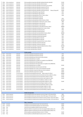 30058 Vinilos autoadhesivos Sublimable Vinilo autoadhesivo importado sublimable metalizado (dorado o plateado) $1230
30063 Vinilos autoadhesivos Sublimable Vinilo autoadhesivo importado sublimable reflectivo blanco $1340
30068 Vinilos autoadhesivos Sublimable Vinilo autoadhesivo importado sublimable translucido (Fucsia o amarillo) $740
30023 Vinilos autoadhesivos Sublimable Vinilo autoadhesivo importado sublimable transparente (25 mic) $1140
30028 Vinilos autoadhesivos Sublimable Vinilo autoadhesivo importado sublimable transparente (50 mic) $1220
30033 Vinilos autoadhesivos Sublimable Vinilo autoadhesivo importado sublimable transparente (50 mic) (Resma 10 hojas A4) $1600
30220 Vinilos autoadhesivos Sublimable Vinilo autoadhesivo sublimable Base negra (Hoja A3) $335
30219 Vinilos autoadhesivos Sublimable Vinilo autoadhesivo sublimable Base negra (Hoja A4) $175
30170 Vinilos autoadhesivos Sublimable Vinilo autoadhesivo sublimable Blanco (Corte 1 metro x 30cm) $540
30166 Vinilos autoadhesivos Sublimable Vinilo autoadhesivo sublimable Blanco (Hoja A3)
30162 Vinilos autoadhesivos Sublimable Vinilo autoadhesivo sublimable Blanco (Hoja A4) $155
30172 Vinilos autoadhesivos Sublimable Vinilo autoadhesivo sublimable Blanco (Rollo 50 metros x 30cm) $25000
30224 Vinilos autoadhesivos Sublimable Vinilo autoadhesivo sublimable Blanco matte (Corte 1 metro x 30cm) $580
30221 Vinilos autoadhesivos Sublimable Vinilo autoadhesivo sublimable Blanco matte (Hoja A3) $340
30222 Vinilos autoadhesivos Sublimable Vinilo autoadhesivo sublimable Blanco matte (Hoja A4) $175
30226 Vinilos autoadhesivos Sublimable Vinilo autoadhesivo sublimable Blanco matte (Rollo 50 metros x 30cm) $28000
30225 Vinilos autoadhesivos Sublimable Vinilo autoadhesivo sublimable Esmerilado (Corte 1 metro x 30cm) $600
30223 Vinilos autoadhesivos Sublimable Vinilo autoadhesivo sublimable Esmerilado (Hoja A3) $340
30218 Vinilos autoadhesivos Sublimable Vinilo autoadhesivo sublimable Esmerilado (Hoja A4) $175
30227 Vinilos autoadhesivos Sublimable Vinilo autoadhesivo sublimable Esmerilado (Rollo 50 metros x 30cm) $28000
30168 Vinilos autoadhesivos Sublimable Vinilo autoadhesivo sublimable Microperforado (Hoja A3) $420
30164 Vinilos autoadhesivos Sublimable Vinilo autoadhesivo sublimable Microperforado (Hoja A4) $215
30167 Vinilos autoadhesivos Sublimable Vinilo autoadhesivo sublimable Reflectivo (Hoja A3) $670
30163 Vinilos autoadhesivos Sublimable Vinilo autoadhesivo sublimable Reflectivo (Hoja A4) $335
30169 Vinilos autoadhesivos Sublimable Vinilo autoadhesivo sublimable Transparente (Corte 1 metro x 30cm) $590
30165 Vinilos autoadhesivos Sublimable Vinilo autoadhesivo sublimable Transparente (Hoja A3) $300
30161 Vinilos autoadhesivos Sublimable Vinilo autoadhesivo sublimable Transparente (Hoja A4) $155
30171 Vinilos autoadhesivos Sublimable Vinilo autoadhesivo sublimable Transparente (Rollo 50 metros x 30cm) $25000
30235 Vinilos autoadhesivos Sublimable Vinilo imantado sublimable Blanco (Hoja A3) $650
30228 Vinilos autoadhesivos Sublimable Vinilo imantado sublimable Blanco (Hoja A4) $345
Vinilos textiles
30237 Vinilos textiles Sublimable Vinilo textil sublimable A3 (tratamiento nacional) $750
30236 Vinilos textiles Sublimable Vinilo textil sublimable A4 (tratamiento nacional) $395
30073 Vinilos textiles Sublimable Vinilo textil sublimable blanco (terminacion vinilica brillante) $2560
30078 Vinilos textiles Sublimable Vinilo textil sublimable blanco con glitter $3360
30098 Vinilos textiles Sublimable Vinilo textil sublimable blanco con glitter con respaldo al reves (PARCHES) $3410
30083 Vinilos textiles Sublimable Vinilo textil sublimable blanco flock (gamuzado)
30088 Vinilos textiles Sublimable Vinilo textil sublimable blanco flock (gamuzado) con respaldo al reves (PARCHES)
30103 Vinilos textiles Sublimable Vinilo textil sublimable blanco sin respaldo $2140
30093 Vinilos textiles Sublimable Vinilo textil sublimable blanco tela (terminacion simil tela)
30238 Vinilos textiles Sublimable Vinilo textil sublimable Corte 1 metro x 45cm (tratamiento nacional) $2230
30113 Vinilos textiles Sublimable Vinilo textil sublimable transparente (Apto para cortar con plotters) $1840
30118 Vinilos textiles Sublimable Vinilo textil sublimable transparente sin respaldo $2030
30160 Vinilos textiles Termotransferible Vinilo textil termotransferible premium flex (Rollo cerrado 25 x 0,30 m) $28000
30154 Vinilos textiles Termotransferible Vinilo textil termotransferible premium flex (Amarillo neón fluo), medida 1m x 30cm $1430
30153 Vinilos textiles Termotransferible Vinilo textil termotransferible premium flex (Amarillo), medida 1m x 30cm $1430
30155 Vinilos textiles Termotransferible Vinilo textil termotransferible premium flex (Azul royal), medida 1m x 30cm $1430
30151 Vinilos textiles Termotransferible Vinilo textil termotransferible premium flex (Blanco), medida 1m x 30cm
30159 Vinilos textiles Termotransferible Vinilo textil termotransferible premium flex (Dorado), medida 1m x 30cm $1430
30150 Vinilos textiles Termotransferible Vinilo textil termotransferible premium flex (Negro), medida 1m x 30cm
30158 Vinilos textiles Termotransferible Vinilo textil termotransferible premium flex (Plateado), medida 1m x 30cm
30152 Vinilos textiles Termotransferible Vinilo textil termotransferible premium flex (Rojo), medida 1m x 30cm
30157 Vinilos textiles Termotransferible Vinilo textil termotransferible premium flex (Rosa), medida 1m x 30cm
30156 Vinilos textiles Termotransferible Vinilo textil termotransferible premium flex (Verde Militar), medida 1m x 30cm $1430
Vinilos de impresion
30213 Vinilos de impresion Vinilo autoadhesivo blanco para impresion corte de 1m largo x 1.07m ancho. 80 mic $385
30215 Vinilos de impresion Vinilo autoadhesivo blanco para impresion rollo de 50m largo x 1.07m ancho. 80 mic $17000
30214 Vinilos de impresion Vinilo autoadhesivo transparente para impresion corte de 1m largo x 1.07m ancho. 80 mic $510
30216 Vinilos de impresion Vinilo autoadhesivo transparente para impresion rollo de 50m largo x 1.07m ancho. 80 mic $23000
Telas - Accesorios
30148 Lentejuelas Lentejuelas termotransferibles doradas 7mm (rollo de 50 mts) $2030
30143 Lentejuelas Lentejuelas termotransferibles plateadas 7mm (rollo de 50 mts) $2030
30186 Telas Lamina de tela termoadhesiva doble faz (lamina entretelas) $325
30108 Telas Pegamento doble faz transparente para telas claras (pega bordados, apliques, etc) $1710
30149 Telas Pegamento doble faz transparente para telas claras (pega bordados, apliques, etc)
30126 Telas Tela termoadhesiva sublimable (brillante) corte de 1 x 1,50mts. $1650
30125 Telas Tela termoadhesiva sublimable (tejido de punto) corte de 1 x 1,50mts. $1430
 