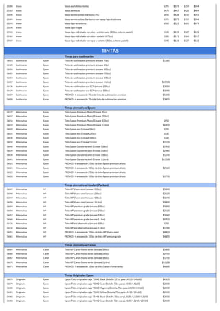20288 Vasos Vasos portafotos rectos $395 $375 $359 $344
20303 Vasos Vasos termicos $470 $447 $428 $409
20400 Vasos Vasos termicos tipo starbucks (PL) $450 $428 $410 $392
20489 Vasos Vasos termicos tipo Starbucks con tapa y faja de silicona $395 $375 $359 $344
20293 Vasos Vasos tipo ferneteros $550 $523 $501 $479
20298 Vasos Vasos tipo frappe
20508 Vasos Vasos tipo milk shake con pico y antiderrame (300cc, colores pastel) $140 $133 $127 $122
20365 Vasos Vasos tipo milk shake con pico y sorbete (475cc) $180 $171 $164 $157
20507 Vasos Vasos tipo milk shake con tapa y sorbete (300cc, colores pastel) $140 $133 $127 $122
TINTAS
Tintas para sublimación
36003 Sublimacion Epson Tinta de sublimacion premium (envase 70cc) $1180
36128 Sublimacion Epson Tinta de sublimacion premium (envase 60cc)
36006 Sublimacion Epson Tinta de sublimacion premium (envase 500cc)
36005 Sublimacion Epson Tinta de sublimacion premium (envase 250cc)
36004 Sublimacion Epson Tinta de sublimacion premium (envase 100cc)
36007 Sublimacion Epson Tinta de sublimacion premium (envase 1 Litro) $15500
36130 Sublimacion Epson Tinta de sublimacion eco SCP (envase 200cc) $2050
36129 Sublimacion Epson Tinta de sublimacion eco SCP (envase 100cc) $1040
36009 Sublimacion Epson PROMO - 6 envases de 70cc de tinta de sublimacion premium $5600
36008 Sublimacion Epson PROMO - 4 envases de 70cc de tinta de sublimacion premium $3800
Tintas aternativas Epson
36127 Alternativas Epson Tinta Epson Premium Photo (Envase 70cc)
36017 Alternativas Epson Tinta Epson Premium Photo (Envase 250cc)
36016 Alternativas Epson Tinta Epson Premium Photo (Envase 100cc) $450
36019 Alternativas Epson Tinta Epson Premium Photo (Envase 1 Litro) $4200
36029 Alternativas Epson Tinta Epson eco (Envase 50cc) $250
36031 Alternativas Epson Tinta Epson eco (Envase 250cc) $530
36030 Alternativas Epson Tinta Epson eco (Envase 100cc) $320
36032 Alternativas Epson Tinta Epson eco (Envase 1 Litro) $1570
36040 Alternativas Epson Tinta Epson Durabrite simil (Envase 500cc) $5900
36039 Alternativas Epson Tinta Epson Durabrite simil (Envase 250cc) $2980
36038 Alternativas Epson Tinta Epson Durabrite simil (Envase 100cc) $1230
36041 Alternativas Epson Tinta Epson Durabrite simil (Envase 1 Litro) $11500
36023 Alternativas Epson PROMO - 6 envases de 250cc de tinta Epson premium photo
36021 Alternativas Epson PROMO - 6 envases de 100cc de tinta Epson premium photo $2560
36022 Alternativas Epson PROMO - 4 envases de 250cc de tinta Epson premium photo
36020 Alternativas Epson PROMO - 4 envases de 100cc de tinta Epson premium photo $1730
Tintas aternativas Hewlett Packard
36049 Alternativas HP Tinta HP Vivera simil (envase 500cc) $5000
36048 Alternativas HP Tinta HP Vivera simil (envase 250cc) $2520
36047 Alternativas HP Tinta HP Vivera simil (envase 100cc) $1040
36050 Alternativas HP Tinta HP Vivera simil (envase 1 Litro) $9800
36059 Alternativas HP Tinta HP premium grade (envase 500cc) $5000
36058 Alternativas HP Tinta HP premium grade (envase 250cc) $2520
36057 Alternativas HP Tinta HP premium grade (envase 100cc) $1040
36060 Alternativas HP Tinta HP premium grade (envase 1 Litro) $9700
36131 Alternativas HP Tinta HP eco alternativa (envase 100cc) $350
36132 Alternativas HP Tinta HP eco alternativa (envase 1 Litro) $1740
36051 Alternativas HP PROMO - 4 envases de 100cc de tinta HP Vivera simil $4000
36061 Alternativas HP PROMO - 4 envases de 100cc de tinta HP prmium grade $4000
Tintas aternativas Canon
36069 Alternativas Canon Tinta HP Canon Pixma series (envase 500cc) $5800
36068 Alternativas Canon Tinta HP Canon Pixma series (envase 250cc) $2910
36067 Alternativas Canon Tinta HP Canon Pixma series (envase 100cc) $1210
36070 Alternativas Canon Tinta HP Canon Pixma series (envase 1 Litro) $11200
36071 Alternativas Canon PROMO - 5 envases de 100cc de tinta Canon Pixma series $4600
Tintas Originales Epson
36078 Originales Epson Epson Tinta original en caja T5041 Black (Botella 127cc para L4150 / L4160) $4100
36079 Originales Epson Epson Tinta original en caja T5042 Cyan (Botella 70cc para L4150 / L4160) $2830
36080 Originales Epson Epson Tinta original en caja T5043 Magenta (Botella 70cc para L4150 / L4160) $2830
36081 Originales Epson Epson Tinta original en caja T5044 Yellow (Botella 70cc para L4150 / L4160) $2830
36082 Originales Epson Epson Tinta original en caja T5441 Black (Botella 70cc para L3120 / L3210 / L3150) $2830
36083 Originales Epson Epson Tinta original en caja T5442 Cyan (Botella 70cc para L3120 / L3210 / L3150) $2830
 