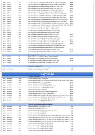 36084 Originales Epson Epson Tinta original en caja T5443 Magenta (Botella 70cc para L3120 / L3210 / L3150) $2830
36085 Originales Epson Epson Tinta original en caja T5444 Yellow (Botella 70cc para L3120 / L3210 / L3150) $2830
36086 Originales Epson Epson Tinta original en caja T6641 Black (Botella 70cc para L220 / L380 / L395) $2830
36087 Originales Epson Epson Tinta original en caja T6642 Cyan (Botella 70cc para L220 / L380 / L395) $2830
36088 Originales Epson Epson Tinta original en caja T6643 Magenta (Botella 70cc para L220 / L380 / L395) $2830
36089 Originales Epson Epson Tinta original en caja T6644 Yellow (Botella 70cc para L220 / L380 / L395) $2830
36090 Originales Epson Epson Tinta original en caja T7741 Black de Pigmento (Botella 140cc para M105 / M205)
36091 Originales Epson Epson Tinta original en caja T6731 Black (Botella 70cc para L800 / L805 / L850 / L1800) $3210
36092 Originales Epson Epson Tinta original en caja T6732 Cyan (Botella 70cc para L800 / L805 / L850 / L1800) $3210
36093 Originales Epson Epson Tinta original en caja T6733 Magenta (Botella 70cc para L800 / L805 / L850 / L1800) $3210
36094 Originales Epson Epson Tinta original en caja T6734 Yellow (Botella 70cc para L800 / L805 / L850 / L1800) $3210
36095 Originales Epson Epson Tinta original en caja T6735 Light Cyan (Botella 70cc para L800 / L805 / L850 / L1800) $3210
36096 Originales Epson Epson Tinta original en caja T6736 Light Magenta (Botella 70cc para L800 / L805 / L850 / L1800) $3210
36100 Originales Epson Epson Tinta original en blister Black (Botella 127cc para L4150 / L4160)
36101 Originales Epson Epson Tinta original en blister Cyan (Botella 70cc para L4150 / L4160)
36102 Originales Epson Epson Tinta original en blister Magenta (Botella 70cc para L4150 / L4160)
36103 Originales Epson Epson Tinta original en blister Yellow (Botella 70cc para L4150 / L4160)
36104 Originales Epson Epson Tinta original en blister Black (Botella 70cc para L3110 / L3150) $1920
36105 Originales Epson Epson Tinta original en blister Cyan (Botella 70cc para L3110 / L3150) $1920
36106 Originales Epson Epson Tinta original en blister Magenta (Botella 70cc para L3110 / L3150)
36107 Originales Epson Epson Tinta original en blister Yellow (Botella 70cc para L3110 / L3150) $1920
36108 Originales Epson Epson Tinta original en blister Black (Botella 70cc para L220 / L380 / L395 / L455) $2290
36109 Originales Epson Epson Tinta original en blister Cyan (Botella 70cc para L220 / L380 / L395 / L455) $1900
36110 Originales Epson Epson Tinta original en blister Magenta (Botella 70cc para L220 / L380 / L395 / L455)
36111 Originales Epson Epson Tinta original en blister Yellow (Botella 70cc para L220 / L380 / L395 / L455)
36112 Originales Epson PROMO - 4 envases de tinta orignal Epson codigo 644 (4 colores - CMYK) $7900
36113 Originales Epson PROMO - 6 envases de tinta orignal Epson codigo 673 (6 colores - CMYK-LC-LM) $10900
Tintas Originales Hewlett Packard
36118 Originales HP HP Tinta original en caja Black (Botella 70cc para HP DJ 5810, 5820)
36119 Originales HP HP Tinta original en caja Cyan (Botella 70cc para HP DJ 5810, 5820) $2190
36120 Originales HP HP Tinta original en caja Magenta (Botella 70cc para HP DJ 5810, 5820) $2190
36121 Originales HP HP Tinta original en caja Yellow (Botella 70cc para HP DJ 5810, 5820)
Limpiadores de cabezales
36126 Limpia cabezales Limpiador de Cabezales Concentrado (envase 100cc) $385
36125 Limpia cabezales Limpiador de Cabezales Inkjet (envase 100cc) $325
CARTUCHOS
Cartuchos recargables
38012 Recargables Epson Cartuchos recargables Epson C110 (Sin tinta)
38004 Recargables Epson Cartuchos recargables Epson C92, C79, CX5600, CX7300, CX8300, CX9300, CX3900, CX4900, CX5900 (Sin tinta)
$3600
38003 Recargables Epson Cartuchos recargables Epson K101, K301 (Sin tinta) $2620
38014 Recargables Epson Cartuchos recargables Epson T1110, TX515 (Sin tinta) $4000
38006 Recargables Epson Cartuchos recargables Epson T23, T24, TX105, TX115 (Sin tinta) $3600
38009 Recargables Epson Cartuchos recargables Epson T25, TX125, TX135 (Sin tinta) $4000
38013 Recargables Epson Cartuchos recargables Epson T33 (Sin tinta) $5900
38007 Recargables Epson Cartuchos recargables Epson T40W, TX550W, TX600FW (Sin tinta) $5900
38011 Recargables Epson Cartuchos recargables Epson T42, TX620, TX560 (Sin tinta) $4000
38015 Recargables Epson Cartuchos recargables Epson T50, 1410, 1430, R270, R290, RX610, RX590, TX700, TX720, TX730 (Sin tinta)
$4300
38005 Recargables Epson Cartuchos recargables Epson TX200, TX210, TX220, TX400, TX410, TX300 (Sin tinta) $3600
38010 Recargables Epson Cartuchos recargables Epson TX320, TX420, TX235, TX430 (Sin tinta) $4000
38008 Recargables Epson Cartuchos recargables Epson XP201, XP211, XP401 (Sin tinta) $5900
Cartuchos alternativos para impresoras Epson
38054 Alternativos Epson Cartuchos alternativos (T1361) Epson K101 / K301 $480
38038 Alternativos Epson Cartuchos alternativos Epson (T0115) T33 $190
38037 Alternativos Epson Cartuchos alternativos Epson (T0117) T23 / TX105 / T24 / TX115 $190
38020 Alternativos Epson Cartuchos alternativos Epson (T038) C43 $200
38021 Alternativos Epson Cartuchos alternativos Epson (T039) C43 $310
38039 Alternativos Epson Cartuchos alternativos Epson (T0731) tx210 / tx410 / tx200 / tx300f / tx400 / c92 / c110 / cx5600 / cx7300 / cx8300 / c79 / cx3900 / cx4900 / cx5900 / cx
$190
38040 Alternativos Epson Cartuchos alternativos Epson (T0732) t23 / t24 / t33 / tx115 / tx210 / tx410 / tx105 / tx200 / tx300f / tx400 / c92 / c110 / cx5600 / cx7300 / cx8300 / c79
$190
38041 Alternativos Epson Cartuchos alternativos Epson (T0733) t23 / t24 / t33 / tx115 / tx210 / tx410 / tx105 / tx200 / tx300f / tx400 / c92 / c110 / cx5600 / cx7300 / cx8300 / c79
$190
38042 Alternativos Epson Cartuchos alternativos Epson (T0734) t23 / t24 / t33 / tx115 / tx210 / tx410 / tx105 / tx200 / tx300f / tx400 / c92 / c110 / cx5600 / cx7300 / cx8300 / c79
$190
38043 Alternativos Epson Cartuchos alternativos Epson (T0821) T50 / R270 / R290 $190
38044 Alternativos Epson Cartuchos alternativos Epson (T0822) T50 / R270 / R290 $190
38045 Alternativos Epson Cartuchos alternativos Epson (T0823) T50 / R270 / R290 $190
38046 Alternativos Epson Cartuchos alternativos Epson (T0824) T50 / R270 / R290 $190
38047 Alternativos Epson Cartuchos alternativos Epson (T0825) T50 / R270 / R290 $190
 