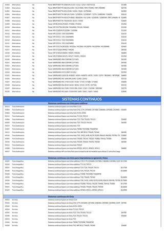 41003 Alternativos Hp Toner BROTHER TN 1060 (HL1110 / 1112 / 1212 / DCP1512) $1180
41004 Alternativos Hp Toner BROTHER TN 360 (HL2140 / HL2170W / MFC7440N / MFC7840W) $2730
41005 Alternativos Hp Toner BROTHER TN 450 (2220 / 2230 / 2240 / 2270DW) $2280
41006 Alternativos Hp Toner BROTHER TN 580 (HL 5240 / 5250DN / 5250DNT / 5270 / 5280DW / 5340D) $2610
41007 Alternativos Hp Toner BROTHER TN 650 (CP-8060 / 8065DN / HL-5240 / 5250DN / 5280DW / MFC-8460N / 8660DN / 8670DN / HL-5340D / 5350DN / 5370DW)
$2680
41008 Alternativos Hp Toner BROTHER TN 750 (8150 / 8155 / 5450) $3600
41009 Alternativos Hp Toner HP BC435A (P1005 / P1006 / P1505) $1350
41010 Alternativos Hp Toner HP CE279A (M12W / M26NW / M12A / M26A) $1540
41011 Alternativos Hp Toner HP CE285A (P1102W / 1102W) $1350
41012 Alternativos Hp Toner HP CE310 / 350 (1025WN) $1610
41013 Alternativos Hp Toner HP CE311 / 351 (1025WN) $1610
41014 Alternativos Hp Toner HP CE312 / 352 (1025WN) $1610
41015 Alternativos Hp Toner HP CE313 / 353 (1025WN) $1610
41016 Alternativos Hp Toner HP CF217A (M102A / M102w / M130A / M130FN / M130FW / M130NW) $2460
41017 Alternativos Hp Toner HP CF226A (M402 / M426) $8100
41018 Alternativos Hp Toner HP CF281A (M604 / M605 / M630) $6000
41019 Alternativos Hp Toner HP CF283A (M125 / M127 / M201 / M225) $1350
41020 Alternativos Hp Toner SAMSUNG 406 (3305W CLP 365) $4100
41021 Alternativos Hp Toner SAMSUNG 406 (3305W CLP 365) $4100
41022 Alternativos Hp Toner SAMSUNG 406 (3305W CLP 365) $4100
41023 Alternativos Hp Toner SAMSUNG 406 (3305W CLP 365) $4100
41024 Alternativos Hp Toner SAMSUNG D115 (MLT-D115L) $3700
41025 Alternativos Hp Toner SAMSUNG D203 (SL-M3820 / 4020 / M3870 / 4070 / 3320 / 3370 / 3820ND / 3870FW) $6800
41026 Alternativos Hp Toner SAMSUNG ML 1640 (ML1640 / 2240 / 2241) $3110
41027 Alternativos Hp Toner SAMSUNG ML 1710 (1510 / 1520 / 1710 / 1710B / 1710D) $3600
41028 Alternativos Hp Toner SAMSUNG ML 2010 (1610 / 2010 / 2510 / 2570 / 2571N) $3110
41029 Alternativos Hp Toner SAMSUNG ML 2160 / D101 (ML 2160 / 2165 / 2165W / 3405W) $2270
41030 Alternativos Hp Toner SAMSUNG ML1665 / D104 (ML 1660 / 1661 / 1665 / 1666) $3040
SISTEMAS CONTINUOS
Sistemas contínuos con tinta para sublimar
45013 Tinta Sublimacion Sistema continuo Epson con tinta foto C110
45004 Tinta Sublimacion Sistema continuo Epson con tinta foto C92, C79, CX5600, CX7300, CX8300, CX9300, CX3900, CX4900, CX5900
$5600
45003 Tinta Sublimacion Sistema continuo Epson con tinta foto K101, K301
45015 Tinta Sublimacion Sistema continuo Epson con tinta foto T1110, TX515
45006 Tinta Sublimacion Sistema continuo Epson con tinta foto T23, T24, TX105, TX115 $5600
45009 Tinta Sublimacion Sistema continuo Epson con tinta foto T25, TX125, TX135 $6500
45014 Tinta Sublimacion Sistema continuo Epson con tinta foto T33
45007 Tinta Sublimacion Sistema continuo Epson con tinta foto T40W, TX550W, TX600FW
45011 Tinta Sublimacion Sistema continuo Epson con tinta foto T42, WF3012, TX620, TX560 $6500
45016 Tinta Sublimacion Sistema continuo Epson con tinta foto T50, 1410, 1430, R270, R290, RX610, RX590, TX700, TX720, TX730
$7800
45005 Tinta Sublimacion Sistema continuo Epson con tinta foto TX200, TX210, TX220, TX400, TX410, TX300 $5600
45010 Tinta Sublimacion Sistema continuo Epson con tinta foto TX320, TX420, TX235, TX430 $6500
45012 Tinta Sublimacion Sistema continuo Epson con tinta foto TX525
45008 Tinta Sublimacion Sistema continuo Epson con tinta foto XP201, XP211, XP401, XP411 $6800
45017 Tinta Sublimacion Sistema continuo HP con tinta foto para la mayoria de los modelos que utilizan 2 cartuchos (negro y tricolor)
Sistemas contínuos con tinta para impresiones en general y fotos
45025 Tinta fotográfica Sistema continuo Epson con tinta sublimar C92, C79, CX5600, CX7300, CX8300, CX9300, CX3900, CX4900, CX5900
$11700
45033 Tinta fotográfica Sistema continuo Epson con tinta sublimar T1110, TX515
45027 Tinta fotográfica Sistema continuo Epson con tinta sublimar T23, T24, TX105, TX115 $11700
45030 Tinta fotográfica Sistema continuo Epson con tinta sublimar T25, TX125, TX135 $12600
45028 Tinta fotográfica Sistema continuo Epson con tinta sublimar T40W, TX550W, TX600FW
45032 Tinta fotográfica Sistema continuo Epson con tinta sublimar T42, TX620, TX560 $12600
45034 Tinta fotográfica Sistema continuo Epson con tinta sublimar T50, 1410, 1430, R270, R290, RX610, RX590, TX700, TX720, TX730
$17000
45026 Tinta fotográfica Sistema continuo Epson con tinta sublimar TX200, TX210, TX220, TX400, TX410, TX300 $11700
45031 Tinta fotográfica Sistema continuo Epson con tinta sublimar TX320, TX420, TX235, TX430 $12600
45029 Tinta fotográfica Sistema continuo Epson con tinta sublimar XP201, XP211, XP401, XP411 $12900
Sistemas contínuos sin tinta
45052 Sin tinta Sistema continuo Epson sin tinta C110
45043 Sin tinta Sistema continuo Epson sin tinta C92, C79, CX5600, CX7300, CX8300, CX9300, CX3900, CX4900, CX5900
$4700
45042 Sin tinta Sistema continuo Epson sin tinta K101, K301
45054 Sin tinta Sistema continuo Epson sin tinta T1110, TX515
45045 Sin tinta Sistema continuo Epson sin tinta T23, T24, TX105, TX115 $4700
45048 Sin tinta Sistema continuo Epson sin tinta T25, TX125, TX135 $5600
45053 Sin tinta Sistema continuo Epson sin tinta T33
45046 Sin tinta Sistema continuo Epson sin tinta T40W, TX550W, TX600FW
45050 Sin tinta Sistema continuo Epson sin tinta T42, WF3012, TX620, TX560 $5600
 
