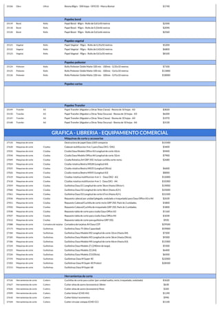 25106 Obra Oficio Resma 80grs - 500 hojas - OFICIO - Marca Boreal $1740
Papeles bond
25119 Bond Rollo Papel Bond - 80grs - Rollo de 0,61x50 metros $2500
25118 Bond Rollo Papel Bond - 90grs - Rollo de 0,33x46 metros $2090
25120 Bond Rollo Papel Bond - 90grs - Rollo de 0,61x46 metros $2560
Papeles vegetal
25121 Vegetal Rollo Papel Vegetal - 90grs - Rollo de 0,35x50 metros $5200
25122 Vegetal Rollo Papel Vegetal - 90grs - Rollo de 0,42x50 metros $6800
25123 Vegetal Rollo Papel Vegetal - 90grs - Rollo de 0,61x50 metros $8100
Papeles poliester
25124 Poliester Rollo Rollo Poliester Doble Matte 100 mic - 100mic - 0,35x10 metros $7100
25125 Poliester Rollo Rollo Poliester Doble Matte 100 mic - 100mic - 0,61x10 metros $11800
25126 Poliester Rollo Rollo Poliester Doble Matte 100 mic - 100mic - 0,91x10 metros $18000
Papeles varios
Papeles Transfer
25149 Transfer A3 Papel Transfer (Algodon u Otras Telas Claras) - Resma de 10 hojas - A3 $3020
25150 Transfer A3 Papel Transfer (Algodon u Otras Telas Oscuras) - Resma de 10 hojas - A3 $6200
25147 Transfer A4 Papel Transfer (Algodon u Otras Telas Claras) - Resma de 10 hojas - A4 $1970
25148 Transfer A4 Papel Transfer (Algodon u Otras Telas Oscuras) - Resma de 10 hojas - A4 $3130
GRAFICA - LIBRERIA - EQUIPAMIENTO COMERCIAL
Máquinas de corte y accesorios
27133 Maquinas de corte Destructora de papel Dasa 2205 compacta $15500
27620 Maquinas de corte Cizallas Cabezal multifuncion 4 en 1 para Dasa DX1 / DX2. $3400
27035 Maquinas de corte Cizallas Cizalla Dasa Modelo Office A3 Longitud de corte 42cm $9400
27034 Maquinas de corte Cizallas Cizalla Dasa Modelo Office A4 Longitud de corte 32cm $7900
27049 Maquinas de corte Cizallas Cizalla Rotativa A4 GRP 350. Incluye cuchilla corte recto. $2680
27024 Maquinas de corte Cizallas Cizalla rotativa Bextra MX28 (Longitud A4)
27025 Maquinas de corte Cizallas Cizalla rotativa Bextra MX35 (Longitud Oficio) $6600
27026 Maquinas de corte Cizallas Cizalla rotativa Bextra MX45 (Longitud A3) $8000
27619 Maquinas de corte Cizallas Cizallas rotativa multifuncion 4 en 1 - Dasa DX2 - A3. $12000
27618 Maquinas de corte Cizallas Cizallas rotativa multifuncion 4 en 1 - Dasa DX1 - A4. $10300
27059 Maquinas de corte Cizallas Guillotina Dasa D1 Longitud de corte 36cm (Hasta Oficio+). $19000
27060 Maquinas de corte Cizallas Guillotina Dasa D2 Longitud de corte 48cm (Hasta A3+). $25000
27061 Maquinas de corte Cizallas Guillotina Dasa D3 Longitud de corte 67cm (Hasta A2+). $31500
27036 Maquinas de corte Cizallas Repuesto cabezal por unidad (plegado, ondulado o troquelado) para Dasa Office A3 o A4 $2630
27051 Maquinas de corte Cizallas Repuesto Cabezal/Cuchilla de corte recto GRP 350. Pack de 2 unidades. $1800
27050 Maquinas de corte Cizallas Repuesto Cabezal/Cuchilla de troquelado GRP 350. Pack de 2 unidades. $1800
27038 Maquinas de corte Cizallas Repuesto tabla de corte para cizalla Dasa Office A3 $1160
27037 Maquinas de corte Cizallas Repuesto tabla de corte para cizalla Dasa Office A4 $1030
27612 Maquinas de corte Cizallas Repuesto tabla de corte para guillotina GRP 350. $920
27088 Maquinas de corte Cortadora de tarjetas Cortadora de tarjetas A4 Dasa CDT $29500
27173 Maquinas de corte Guillotinas Guillotina Dasa 75 (Alta Capacidad) $59000
27184 Maquinas de corte Guillotinas Guillotina Dasa Modelo M2 Longitud de corte 32cm (Hasta A4). $7200
27185 Maquinas de corte Guillotinas Guillotina Dasa Modelo M3 Longitud de corte 36cm (Hasta Oficio). $9300
27186 Maquinas de corte Guillotinas Guillotina Dasa Modelo M4 Longitud de corte 46cm (Hasta A3). $13300
27224 Maquinas de corte Guillotinas Guillotina Dasa Modelo Z1 (240mm de largo). $5500
27225 Maquinas de corte Guillotinas Guillotina Dasa Modelo Z2 (A4). $6400
27226 Maquinas de corte Guillotinas Guillotina Dasa Modelo Z3 (Oficio). $6500
27193 Maquinas de corte Guillotinas Guillotinas Dasa M Super 40 $22000
27203 Maquinas de corte Guillotinas Guillotinas Dasa M Super 40 Protect $28500
27213 Maquinas de corte Guillotinas Guillotinas Dasa M Super 68
Herramientas de corte
27126 Herramientas de corte Cutters Cuchillas de corte para cutter (por unidad suelta, recto, troquelado, ondulado). $1020
27627 Herramientas de corte Cutters Cutter alma de acero (economico) 18mm $630
27626 Herramientas de corte Cutters Cutter alma de acero (economico) 9mm $320
27099 Herramientas de corte Cutters Cutter bisturi (CHD-Kit) $1190
27610 Herramientas de corte Cutters Cutter bisturi economico $990
27104 Herramientas de corte Cutters Cutter circular compas (CHD-CC) $1130
 