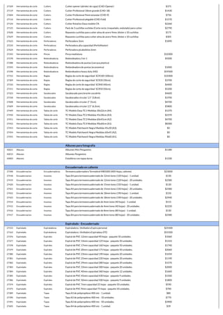 27109 Herramientas de corte Cutters Cutter opener (abridor de cajas) (CHD-Opener) $375
27119 Herramientas de corte Cutters Cutter Profesional 18mm grande (CHD-18) $1430
27604 Herramientas de corte Cutters Cutter Profesional 9mm estandar (CHD-9) $750
27114 Herramientas de corte Cutters Cutter Profesional plegable (CHD-Fold) $1570
27124 Herramientas de corte Cutters Cutter Rotativo Dasa modelo CR. $2260
27125 Herramientas de corte Cutters Pack de 3 cuchillas surtidas (Corte recto, troquelado, ondulado) para cutter. $2790
27628 Herramientas de corte Cutters Repuesto cuchillas para cutter alma de acero 9mm, blister x 10 cuchillas $175
27629 Herramientas de corte Cutters Repuesto cuchillas para cutter alma de acero 9mm, blister x 10 cuchillas $305
27623 Herramientas de corte Perforadoras Perforadora 3mm $1890
27233 Herramientas de corte Perforadoras Perforadora alta capacidad (PerfoMaster)
27624 Herramientas de corte Perforadoras Perforadora picaboletos 6mm
27243 Herramientas de corte Pinzas Pinza medialuna $10300
27278 Herramientas de corte Redondeadoras Redondeadora 3 en 1 $9200
27288 Herramientas de corte Redondeadoras Redondeadora de puntas (carcaza plastica)
27293 Herramientas de corte Redondeadoras Redondeadora de puntas (economica) $1000
27298 Herramientas de corte Redondeadoras Redondeadora heavy duty (HD) $59500
27312 Herramientas de corte Reglas Reglas de corte de seguridad SCR100 (100cm). $10300
27309 Herramientas de corte Reglas Reglas de corte de seguridad SCR30 (30cm). $3700
27310 Herramientas de corte Reglas Reglas de corte de seguridad SCR40 (40cm). $4400
27311 Herramientas de corte Reglas Reglas de corte de seguridad SCR50 (50cm). $5200
27323 Herramientas de corte Sacabocados Sacabocado para broche cocodrilo $4600
27318 Herramientas de corte Sacabocados Sacabocados circular 1,5" (3,8cm). $3700
27608 Herramientas de corte Sacabocados Sacabocados circular 2" (5cm). $4700
27609 Herramientas de corte Sacabocados Sacabocados circular 2,5" (6,3cm). $5800
27449 Herramientas de corte Tablas de corte TC Modelo Dasa TC1 Medidas 30x22cm (A4). $1370
27450 Herramientas de corte Tablas de corte TC Modelo Dasa TC2 Medidas 45x30cm (A3). $2370
27451 Herramientas de corte Tablas de corte TC Modelo Dasa TC3 Medidas 60x45cm (A2). $4700
27452 Herramientas de corte Tablas de corte TC Modelo Dasa TC4 Medidas 90x60cm (A1). $8300
27453 Herramientas de corte Tablas de corte TC Modelo Patchwork Negra Medidas 45x30 (A3). $0
27454 Herramientas de corte Tablas de corte TC Modelo Patchwork Negra Medidas 60x45 (A2). $0
27455 Herramientas de corte Tablas de corte TC Modelo Patchwork Negra Medidas 90x60 (A1). $0
Albunes para fotografía
43021 Albunes Albumes Mini Pergamino $1180
43013 Albunes Albumes Pergamino
43003 Albunes Fotolibros con tapas duras $1330
Encuadernado en caliente
27348 Encuadernacion Encuadernadoras Termoencuadernadora Termobind MB5000 (400 Hojas, caliente) $23000
27418 Encuadernacion Insumos Tapa A4 para termoencuadernado de 12mm lomo (120 hojas) - 1 unidad. $130
27419 Encuadernacion Insumos Tapa A4 para termoencuadernado de 12mm lomo (120 hojas) - 20 unidades. $2580
27420 Encuadernacion Insumos Tapa A4 para termoencuadernado de 15mm lomo (150 hojas) - 1 unidad. $130
27421 Encuadernacion Insumos Tapa A4 para termoencuadernado de 15mm lomo (150 hojas) - 20 unidades. $2580
27422 Encuadernacion Insumos Tapa A4 para termoencuadernado de 18mm lomo (190 hojas) - 1 unidad. $150
27423 Encuadernacion Insumos Tapa A4 para termoencuadernado de 18mm lomo (190 hojas) - 20 unidades. $2940
27414 Encuadernacion Insumos Tapa A4 para termoencuadernado de 4mm lomo (40 hojas) - 1 unidad. $115
27415 Encuadernacion Insumos Tapa A4 para termoencuadernado de 4mm lomo (40 hojas) - 20 unidades. $2220
27416 Encuadernacion Insumos Tapa A4 para termoencuadernado de 8mm lomo (80 hojas) - 1 unidad. $130
27417 Encuadernacion Insumos Tapa A4 para termoencuadernado de 8mm lomo (80 hojas) - 20 unidades. $2580
Espiralado - Encuadernado
27153 Espiralado Espiraladoras Espiraladora / Anilladora Espira personal $25500
27163 Espiralado Espiraladoras Espiraladora / Anilladora Espiradasa STD $55500
27376 Espiralado Espirales Espiral de PVC 12mm capacidad 90 hojas - paquete 50 unidades. $1060
27377 Espiralado Espirales Espiral de PVC 14mm capacidad 125 hojas - paquete 50 unidades. $1310
27378 Espiralado Espirales Espiral de PVC 17mm capacidad 160 hojas - paquete 50 unidades. $1740
27379 Espiralado Espirales Espiral de PVC 20mm capacidad 175 hojas - paquete 50 unidades. $2060
27380 Espiralado Espirales Espiral de PVC 23mm capacidad 190 hojas - paquete 20 unidades. $1050
27381 Espiralado Espirales Espiral de PVC 25mm capacidad 220 hojas - paquete 20 unidades. $1190
27382 Espiralado Espirales Espiral de PVC 29mm capacidad 280 hojas - paquete 20 unidades. $1570
27383 Espiralado Espirales Espiral de PVC 33mm capacidad 300 hojas - paquete 20 unidades. $2000
27384 Espiralado Espirales Espiral de PVC 40mm capacidad 360 hojas - paquete 12 unidades. $1660
27385 Espiralado Espirales Espiral de PVC 45mm capacidad 430 hojas - paquete 9 unidades. $1500
27386 Espiralado Espirales Espiral de PVC 50mm capacidad 500 hojas - paquete 9 unidades. $1800
27374 Espiralado Espirales Espiral de PVC 7mm capacidad 25 hojas - paquete 50 unidades. $590
27375 Espiralado Espirales Espiral de PVC 9mm capacidad 75 hojas - paquete 50 unidades. $700
27389 Espiralado Tapas Tapa A3 de polipropileno 400 mic - 1 unidad. $80
27390 Espiralado Tapas Tapa A3 de polipropileno 400 mic - 10 unidades. $770
27391 Espiralado Tapas Tapa A3 de polipropileno 400 mic - 50 unidades. $3900
27605 Espiralado Tapas Tapa A4 de polipropileno 400 mic - 1 unidad. $39
 