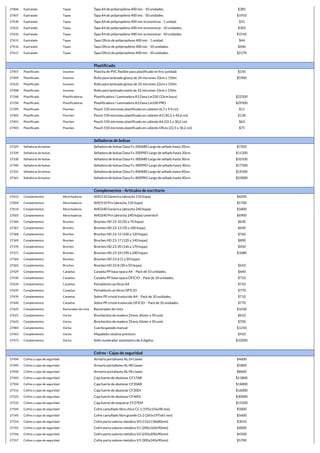 27606 Espiralado Tapas Tapa A4 de polipropileno 400 mic - 10 unidades. $385
27607 Espiralado Tapas Tapa A4 de polipropileno 400 mic - 50 unidades. $1910
27630 Espiralado Tapas Tapa A4 de polipropileno 400 mic economicas - 1 unidad. $31
27631 Espiralado Tapas Tapa A4 de polipropileno 400 mic economicas - 10 unidades. $305
27632 Espiralado Tapas Tapa A4 de polipropileno 400 mic economicas - 50 unidades. $1510
27615 Espiralado Tapas Tapa Oficio de polipropileno 400 mic - 1 unidad. $44
27616 Espiralado Tapas Tapa Oficio de polipropileno 400 mic - 10 unidades. $440
27617 Espiralado Tapas Tapa Oficio de polipropileno 400 mic - 50 unidades. $2170
Plastificado
27407 Plastificado Insumos Plancha de PVC flexible para plastificado en frio (unidad) $150
27409 Plastificado Insumos Rollo para laminado glossy de 24 micrones 33cm x 150m $5900
27633 Plastificado Insumos Rollo para laminado glossy de 32 micrones 22cm x 150m
27408 Plastificado Insumos Rollo para laminado matte de 32 micrones 33cm x 150m
27248 Plastificado Plastificadoras Plastificadora / Laminadora A3 Dasa Lm330 (33cm boca) $22500
27258 Plastificado Plastificadoras Plastificadora / Laminadora A3 Dasa Lm330 PRO $29500
27399 Plastificado Pouches Pouch 150 micrones plastificado en caliente (6,7 x 9,9 cm) $11
27405 Plastificado Pouches Pouch 150 micrones plastificado en caliente A3 (30,3, x 42,6 cm) $130
27401 Plastificado Pouches Pouch 150 micrones plastificado en caliente A4 (22,5 x 30,2 cm) $63
27403 Plastificado Pouches Pouch 150 micrones plastificado en caliente Oficio (22,5 x 36,2 cm) $75
Selladoras de bolsas
27329 Selladoras de bolsas Selladora de bolsas Dasa Fs-200ABS Largo de sellado hasta 20cm. $7200
27339 Selladoras de bolsas Selladora de bolsas Dasa Fs-200PRO Largo de sellado hasta 20cm. $11200
27330 Selladoras de bolsas Selladora de bolsas Dasa Fs-300ABS Largo de sellado hasta 30cm. $10100
27340 Selladoras de bolsas Selladora de bolsas Dasa Fs-300PRO Largo de sellado hasta 30cm. $17500
27331 Selladoras de bolsas Selladora de bolsas Dasa Fs-400ABS Largo de sellado hasta 40cm. $14500
27341 Selladoras de bolsas Selladora de bolsas Dasa Fs-400PRO Largo de sellado hasta 40cm. $23000
Complementos - Artículos de escritorio
27613 Complementos Abrochadoras AHD110 Generica (abrocha 110 hojas) $4200
27004 Complementos Abrochadoras AHD110 Pro (abrocha 110 hojas) $5700
27614 Complementos Abrochadoras AHD240 Generica (abrocha 240 hojas) $5800
27005 Complementos Abrochadoras AHD240 Pro (abrocha 240 hojas) Levertech $6900
27366 Complementos Broches Broches HD 23-10 (50 a 70 hojas). $630
27367 Complementos Broches Broches HD 23-13 (70 a 100 hojas). $690
27368 Complementos Broches Broches HD 23-15 (100 a 120 hojas). $760
27369 Complementos Broches Broches HD 23-17 (120 a 140 hojas). $890
27370 Complementos Broches Broches HD 23-20 (140 a 170 hojas). $920
27371 Complementos Broches Broches HD 23-24 (190 a 240 hojas). $1080
27364 Complementos Broches Broches HD 23-6 (2 a 30 hojas).
27365 Complementos Broches Broches HD 23-8 (30 a 50 hojas). $610
27429 Complementos Carpetas Carpeta PP base opaca A4 - Pack de 10 unidades. $640
27430 Complementos Carpetas Carpeta PP base opaca OFICIO - Pack de 10 unidades. $710
27634 Complementos Carpetas Portablocks acrilicos A4 $710
27635 Complementos Carpetas Portablocks acrilicos OFICIO $770
27439 Complementos Carpetas Sobre PP cristal traslucido A4 - Pack de 10 unidades. $710
27440 Complementos Carpetas Sobre PP cristal traslucido OFICIO - Pack de 10 unidades. $770
27625 Complementos Racionador de cinta Racionador de cinta $1430
27621 Complementos Varios Brochecitos de madera 25mm, blister x 50 unid $610
27622 Complementos Varios Brochecitos de madera 35mm, blister x 50 unid $700
27483 Complementos Varios Cuenta ganado manual $1210
27463 Complementos Varios Mojadedo rotativo premium $410
27473 Complementos Varios Sello numerador automatico de 6 digitos $10200
Cofres - Cajas de seguridad
27494 Cofres y cajas de seguridad Armario portallaves AL-24 Llaves $4600
27495 Cofres y cajas de seguridad Armario portallaves AL-48 Llaves $5800
27496 Cofres y cajas de seguridad Armario portallaves AL-96 Llaves $8600
27503 Cofres y cajas de seguridad Caja fuerte de abulonar CF17AB $11800
27504 Cofres y cajas de seguridad Caja fuerte de abulonar CF20AB $14800
27513 Cofres y cajas de seguridad Caja fuerte de abulonar CF20DI $16000
27523 Cofres y cajas de seguridad Caja fuerte de abulonar CF40DI $30000
27533 Cofres y cajas de seguridad Caja fuerte de empotrar CF27EM $15500
27544 Cofres y cajas de seguridad Cofre camuflado libro chico CL-1 (195x156x98 mm) $5000
27545 Cofres y cajas de seguridad Cofre camuflado libro grande CL-2 (265x197x65 mm) $5600
27554 Cofres y cajas de seguridad Cofre porta valores metalico V0 (152x118x80mm) $3010
27555 Cofres y cajas de seguridad Cofre porta valores metalico V1 (200x160x90mm) $4000
27556 Cofres y cajas de seguridad Cofre porta valores metalico V2 (250x200x90mm) $4500
27557 Cofres y cajas de seguridad Cofre porta valores metalico V3 (300x240x90mm) $5700
 