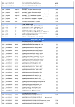 27558 Cofres y cajas de seguridad Cofre porta valores metalico V4 (350x240x90mm) $8300
27563 Cofres y cajas de seguridad Gaveta comercial (caja registradora 4 compartimentos) $15500
27571 Cofres y cajas de seguridad Gaveta comercial (caja registradora 5 compartimentos) $19000
Identificación
27587 Identificacion Bolsillos de pvc Bolsillos de PVC 100x158 mm (paquete de 50 unidades) $2090
27588 Identificacion Bolsillos de pvc Bolsillos de PVC 110x160 mm perforacion vertical (paquete de 100 unidades) $6700
27584 Identificacion Bolsillos de pvc Bolsillos de PVC 60x90 mm (paquete de 100 unidades) $930
27611 Identificacion Bolsillos de pvc Bolsillos de PVC 60x90 mm perforacion horizontal (paquete de 100 unidades) $2570
27586 Identificacion Bolsillos de pvc Bolsillos de PVC 70x110 mm (paquete de 100 unidades) $1140
27585 Identificacion Bolsillos de pvc Bolsillos de PVC 90x60 mm perforacion vertical (paquete de 100 unidades) $2570
27593 Identificacion Broches Broche metalico con tira de PVC (paquete de 100 unidades) $2700
27598 Identificacion Broches Portacredencial con broche y alfiler (paquete de 50 unidades) 60x95mm $1630
27603 Identificacion Broches Portacredencial extensible (paquete de 50 unidades) $8100
Contact - Acetato - Glitter
34020 Acetato Corte Acetato Transparente de 200 mic - 10 laminas de 35 x 50 cm $950
34021 Acetato Corte Acetato Transparente de 200 mic - 10 laminas de 50 x 70 cm $1760
34022 Acetato Rollo Rollo de Acetato Transparente de 200 mic - 50 cm x 15 metros $2350
34050 Acetato Rollo Rollo de Acetato Transparente de 200 mic - 50 cm x 5 metros $810
34018 Contact Rollo Rollo tipo contact autoadhesivo color (Amarillo, Rojo, negro, verde, negro, azul) $2140
34019 Contact Rollo Rollo tipo contact autoadhesivo simil madera (Diferentes terminaciones) $2300
34017 Contact Rollo Rollo tipo contact autoadhesivo Transparente $1530
34023 Glitter Rollo Rollo Glitter Autoadhesivo (20 motivos surtidos disponibles) $360
VINILOS - TELAS
Vinilos autoadhesivos para corte (decorativos)
30138 Vinilos autoadhesivos Decorativo Planchas de vinilo preimpresas $145
30189 Vinilos autoadhesivos Decorativo Vinilo autoadhesivo importado amarillo, medida 1m x 30,5cm $180
30202 Vinilos autoadhesivos Decorativo Vinilo autoadhesivo importado amarillo, medida 1m x 61cm $355
30191 Vinilos autoadhesivos Decorativo Vinilo autoadhesivo importado azul, medida 1m x 30,5cm $180
30204 Vinilos autoadhesivos Decorativo Vinilo autoadhesivo importado azul, medida 1m x 61cm $355
30187 Vinilos autoadhesivos Decorativo Vinilo autoadhesivo importado blanco, medida 1m x 30,5cm $180
30200 Vinilos autoadhesivos Decorativo Vinilo autoadhesivo importado blanco, medida 1m x 61cm $355
30192 Vinilos autoadhesivos Decorativo Vinilo autoadhesivo importado celeste, medida 1m x 30,5cm $180
30205 Vinilos autoadhesivos Decorativo Vinilo autoadhesivo importado celeste, medida 1m x 61cm $355
30194 Vinilos autoadhesivos Decorativo Vinilo autoadhesivo importado gris oscuro, medida 1m x 30,5cm $180
30207 Vinilos autoadhesivos Decorativo Vinilo autoadhesivo importado gris oscuro, medida 1m x 61cm $355
30193 Vinilos autoadhesivos Decorativo Vinilo autoadhesivo importado gris plata, medida 1m x 30,5cm $180
30206 Vinilos autoadhesivos Decorativo Vinilo autoadhesivo importado gris plata, medida 1m x 61cm $355
30196 Vinilos autoadhesivos Decorativo Vinilo autoadhesivo importado lila, medida 1m x 30,5cm $180
30209 Vinilos autoadhesivos Decorativo Vinilo autoadhesivo importado lila, medida 1m x 61cm $355
30195 Vinilos autoadhesivos Decorativo Vinilo autoadhesivo importado marron, medida 1m x 30,5cm $180
30208 Vinilos autoadhesivos Decorativo Vinilo autoadhesivo importado marron, medida 1m x 61cm $355
30198 Vinilos autoadhesivos Decorativo Vinilo autoadhesivo importado naranja, medida 1m x 30,5cm $180
30211 Vinilos autoadhesivos Decorativo Vinilo autoadhesivo importado naranja, medida 1m x 61cm $355
30188 Vinilos autoadhesivos Decorativo Vinilo autoadhesivo importado negro, medida 1m x 30,5cm $180
30201 Vinilos autoadhesivos Decorativo Vinilo autoadhesivo importado negro, medida 1m x 61cm $355
30197 Vinilos autoadhesivos Decorativo Vinilo autoadhesivo importado rojo, medida 1m x 30,5cm $180
30210 Vinilos autoadhesivos Decorativo Vinilo autoadhesivo importado rojo, medida 1m x 61cm $355
30199 Vinilos autoadhesivos Decorativo Vinilo autoadhesivo importado rosa, medida 1m x 30,5cm $180
30212 Vinilos autoadhesivos Decorativo Vinilo autoadhesivo importado rosa, medida 1m x 61cm $355
30234 Vinilos autoadhesivos Decorativo Vinilo autoadhesivo importado verde manzana, medida 1m x 30,5cm $180
30233 Vinilos autoadhesivos Decorativo Vinilo autoadhesivo importado verde manzana, medida 1m x 61cm $355
30190 Vinilos autoadhesivos Decorativo Vinilo autoadhesivo importado verde, medida 1m x 30,5cm $180
30203 Vinilos autoadhesivos Decorativo Vinilo autoadhesivo importado verde, medida 1m x 61cm $355
30229 Vinilos autoadhesivos Decorativo Vinilo autoadhesivo Mc Cal blanco, medida 1m x 30,5cm $250
30231 Vinilos autoadhesivos Decorativo Vinilo autoadhesivo Mc Cal blanco, medida 1m x 61cm $480
30230 Vinilos autoadhesivos Decorativo Vinilo autoadhesivo Mc Cal negro, medida 1m x 30,5cm $250
30232 Vinilos autoadhesivos Decorativo Vinilo autoadhesivo Mc Cal negro, medida 1m x 61cm $480
Vinilos autoadhesivos sublimables
30008 Vinilos autoadhesivos Sublimable Vinilo autoadhesivo importado sublimable blanco (25 mic) $1200
30013 Vinilos autoadhesivos Sublimable Vinilo autoadhesivo importado sublimable blanco (50 mic)
30018 Vinilos autoadhesivos Sublimable Vinilo autoadhesivo importado sublimable blanco (50 mic) (Resma 10 hojas A4)
30038 Vinilos autoadhesivos Sublimable Vinilo autoadhesivo importado sublimable esmerilado $1120
30043 Vinilos autoadhesivos Sublimable Vinilo autoadhesivo importado sublimable espejado cromado (dorado o plateado) $1230
30053 Vinilos autoadhesivos Sublimable Vinilo autoadhesivo importado sublimable glitter suave (Plateado o dorado) $1270
30048 Vinilos autoadhesivos Sublimable Vinilo autoadhesivo importado sublimable glitter suave blanco $1270
 