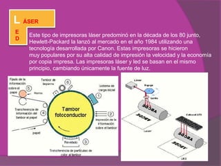 L ÁSER
E
    Este tipo de impresoras láser predominó en la década de los 80 junto,
D
    Hewlett-Packard la lanzó al mercado en el año 1984 utilizando una
    tecnología desarrollada por Canon. Estas impresoras se hicieron
    muy populares por su alta calidad de impresión la velocidad y la economía
    por copia impresa. Las impresoras láser y led se basan en el mismo
    principio, cambiando únicamente la fuente de luz.
 