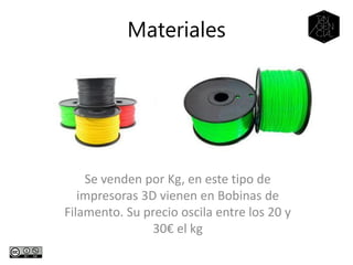 Se venden por Kg, en este tipo de
impresoras 3D vienen en Bobinas de
Filamento. Su precio oscila entre los 20 y
30€ el kg
Materiales
 