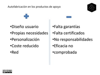 •Diseño usuario
•Propias necesidades
•Personalización
•Coste reducido
•Red
•Falta garantías
•Falta certificados
•No responsabilidades
•Eficacia no
•comprobada
Autofabricación en los productos de apoyo
 