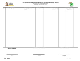 COLEGIO DE ESTUDIOS CIENTÍFICOS Y TECNOLÓGICOS DEL ESTADO DE OAXACA
ORGANISMO PÚBLICO DESCENTRALIZADO
DIRECCIÓN DE ADMINISTRACIÓN
HORARIO DE GRUPO
9
TUTORÍAS (Testing Program) BETANZOS SANTIAGO
AMADO
11:00 - 12:00 A5 14:00 - 15:00 SALA
DE COMPUTO
09:00 - 10:00 SALA
DE COMPUTO
Página 10 de 38
DIRECTOR DEL PLANTEL
Vo. Bo. REVISÓ AUTORIZÓ
DEPARTAMENTO DE SERVICIOS
DOCENTES.
DIRECTORA ACADÉMICA
 